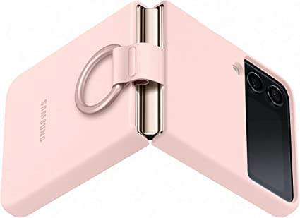 Funda rosa de teléfono Samsung doblada por la mitad, mostrando el anillo.