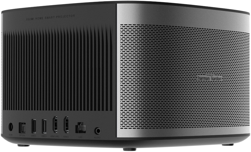 Egy szürke és fekete XGIMI okos otthoni projektor. Több portja van, és a harman/kardon logó.
