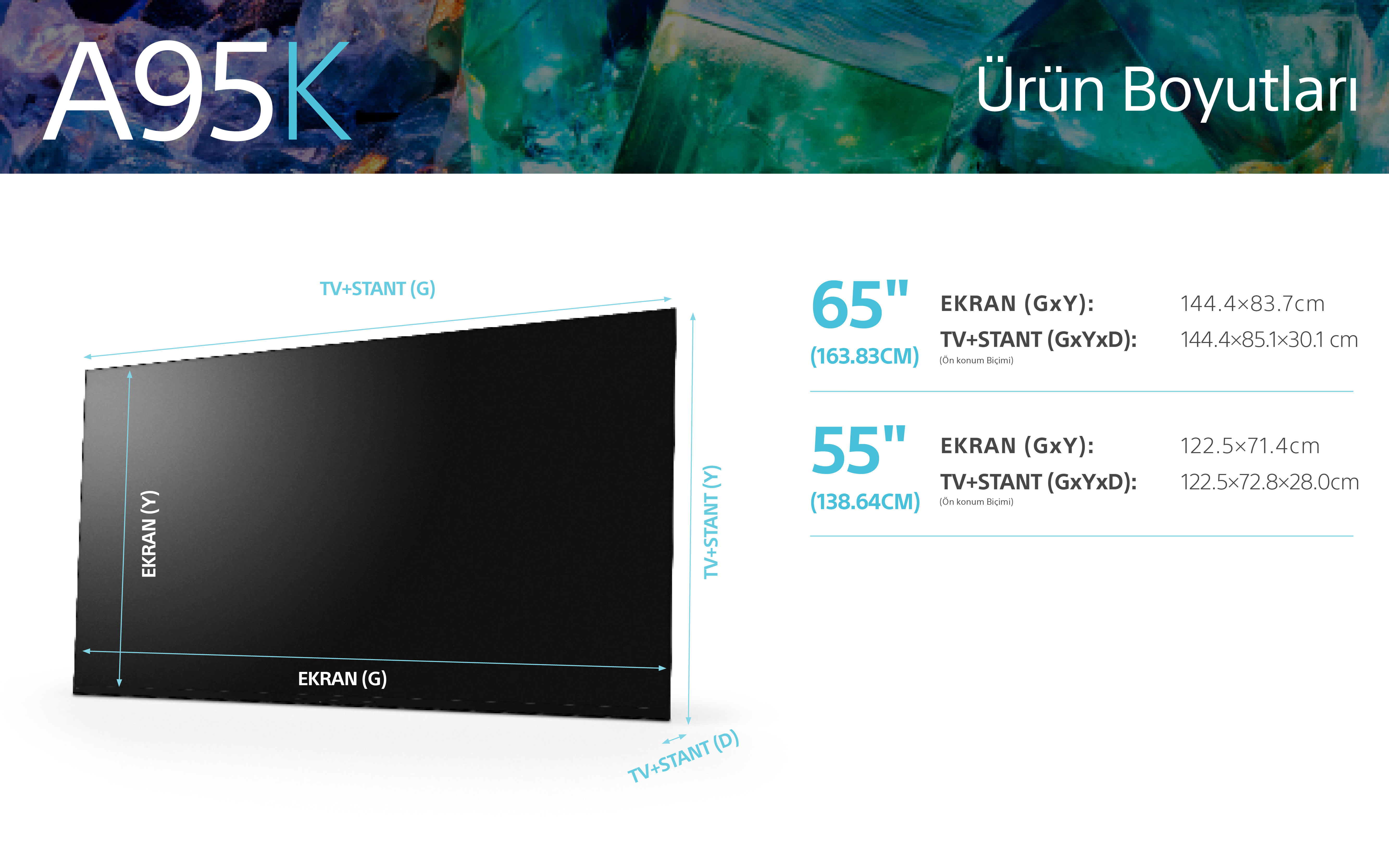 Boyutları listelenen siyah bir TV. Ekran kapalı. Mavi arka planda beyaz metin boyutları tanımlar.