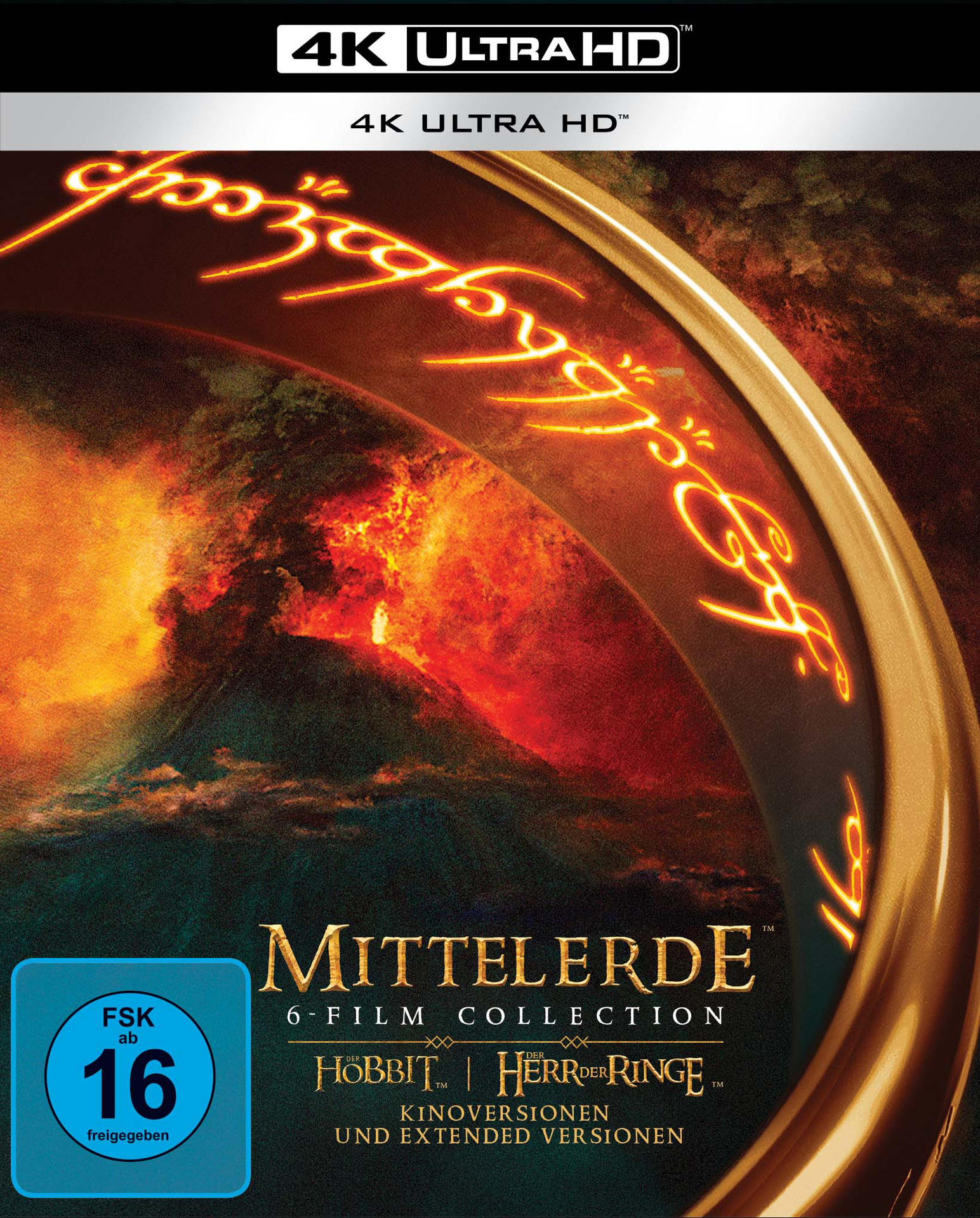 The Lord of the Rings Film-Collection mit vulkanischem Hintergrund und leuchtendem Text.