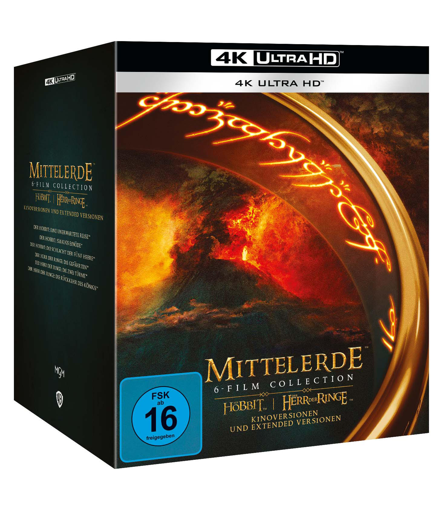 Box-Set der Herr der Ringe-Filme in 4K Ultra HD. Das Cover zeigt einen feurigen Hintergrund und Text.