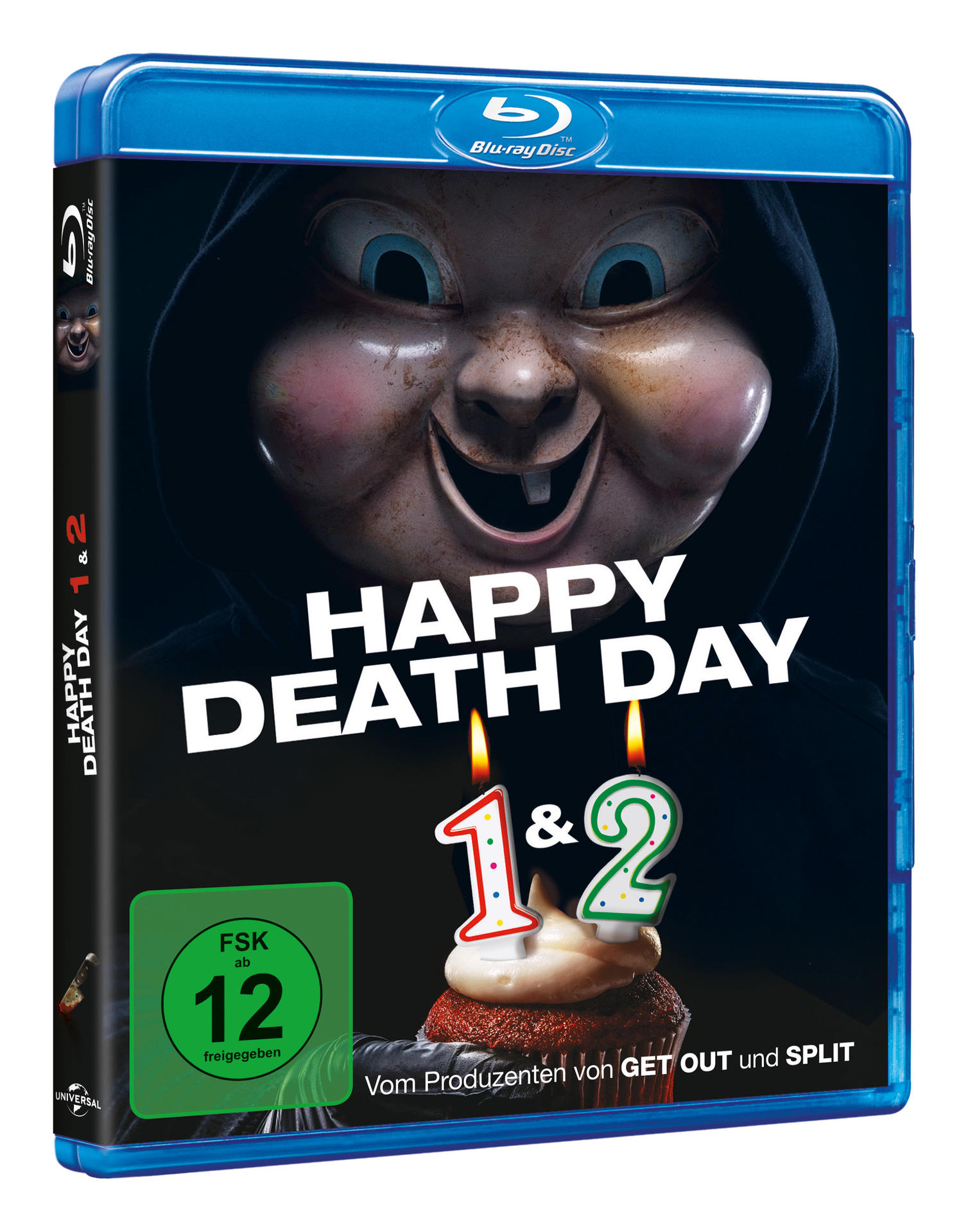 Blu-ray-Disc-Cover für 'Happy Death Day 1 & 2'. Zeigt eine Maske und Geburtstagskerzen.