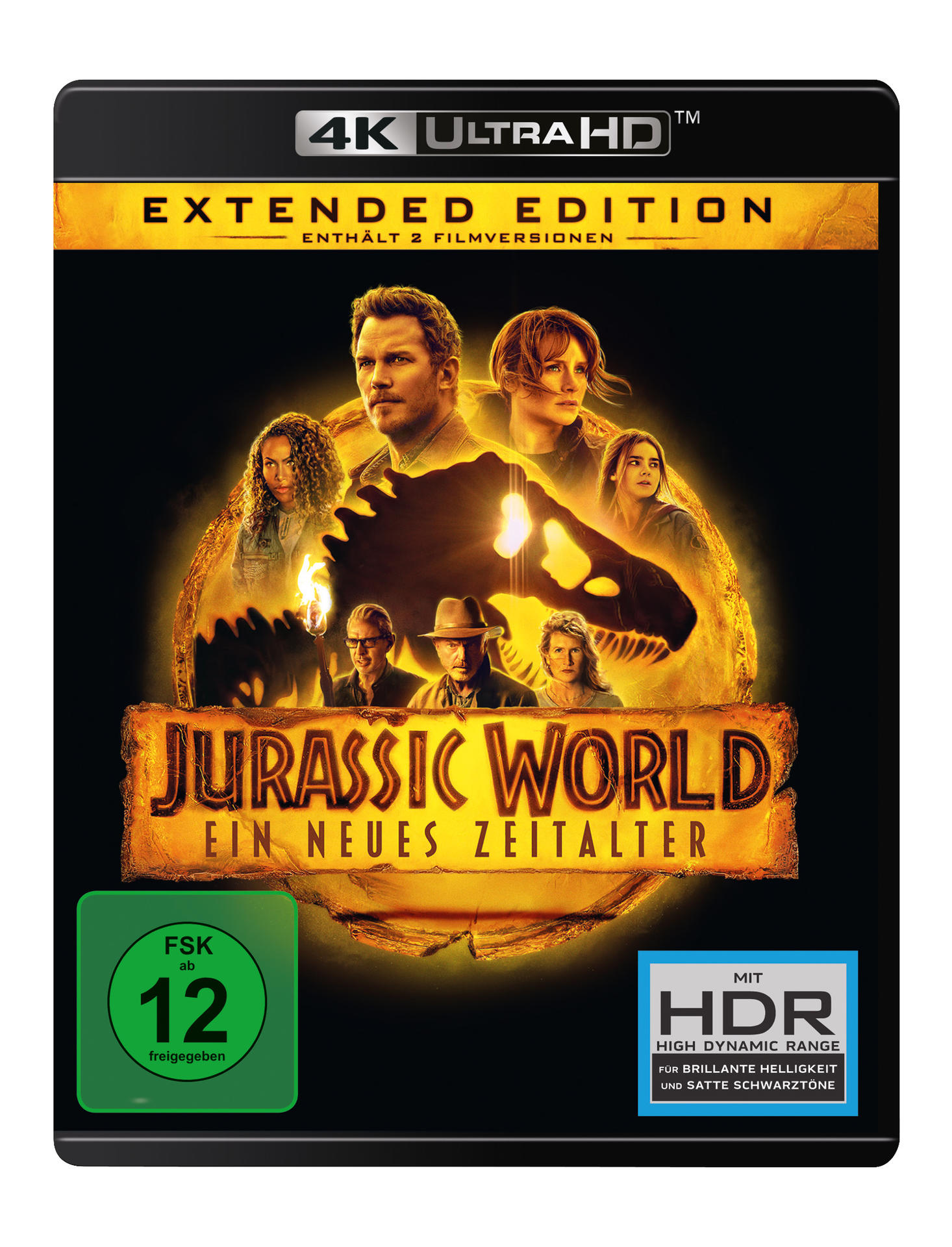 Jurassic World Blu-ray-Cover. Schauspieler auf dem Cover. Goldener und schwarzer Hintergrund.