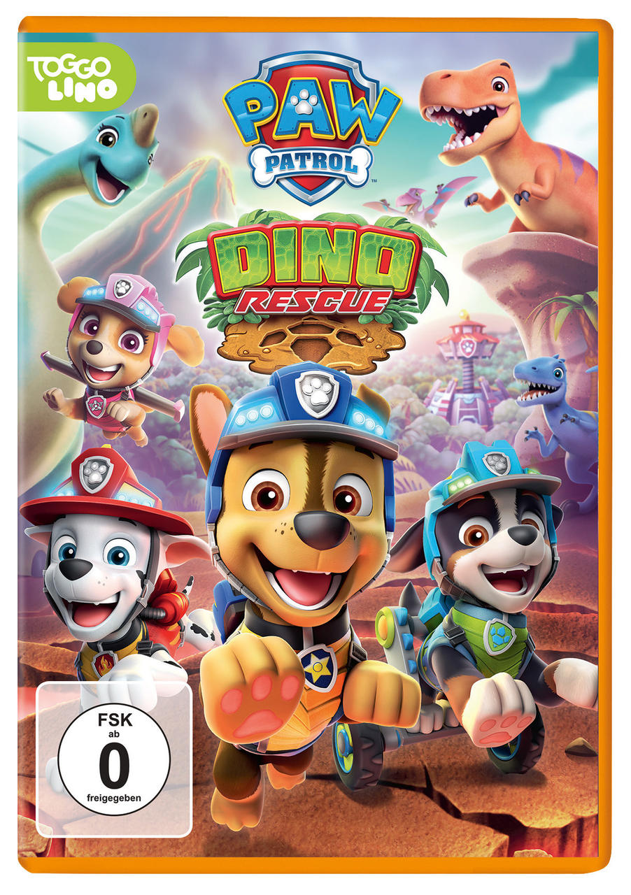 DVD-Cover für Paw Patrol: Dino Rescue. Mit Zeichentrickhunden, Dinosauriern und buntem Hintergrund.