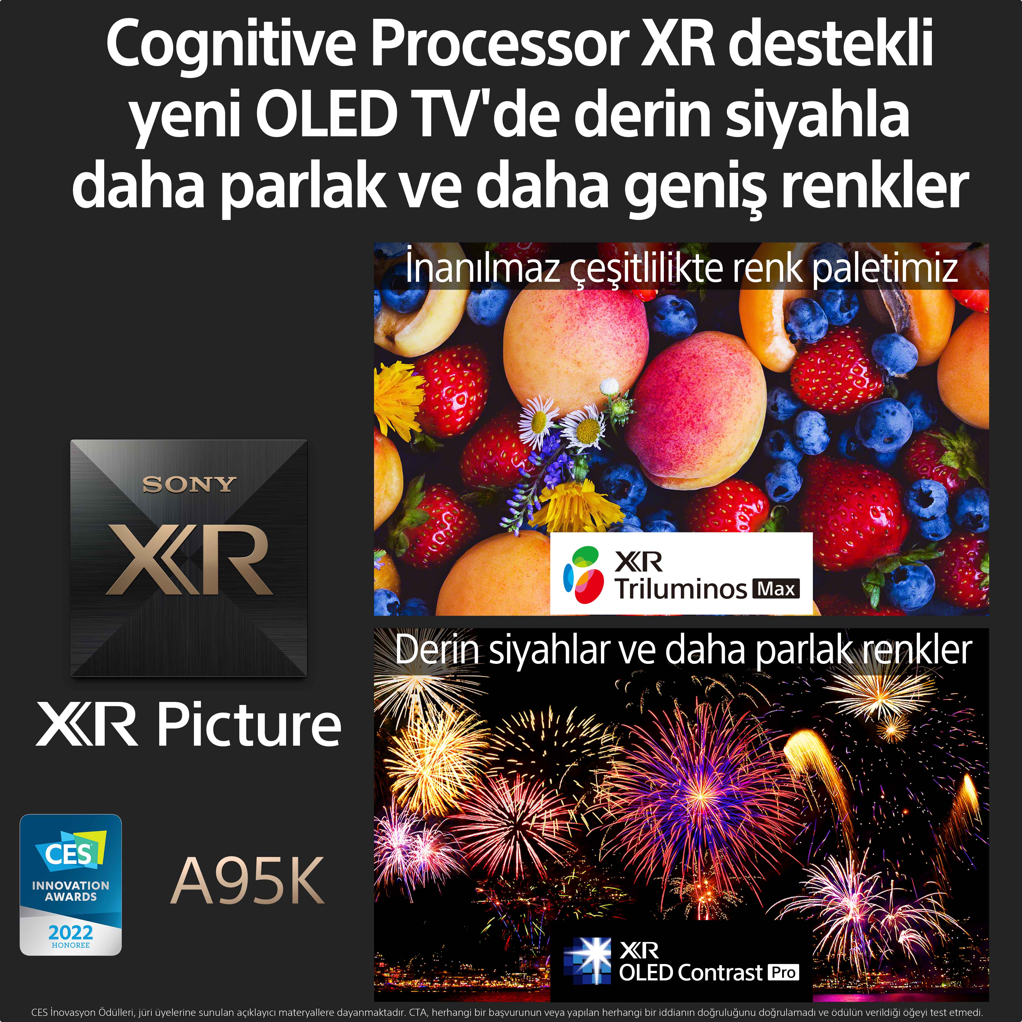 Meyveler, havai fişekler ve Sony XR logosu içeren, renkleri gösteren görüntü.