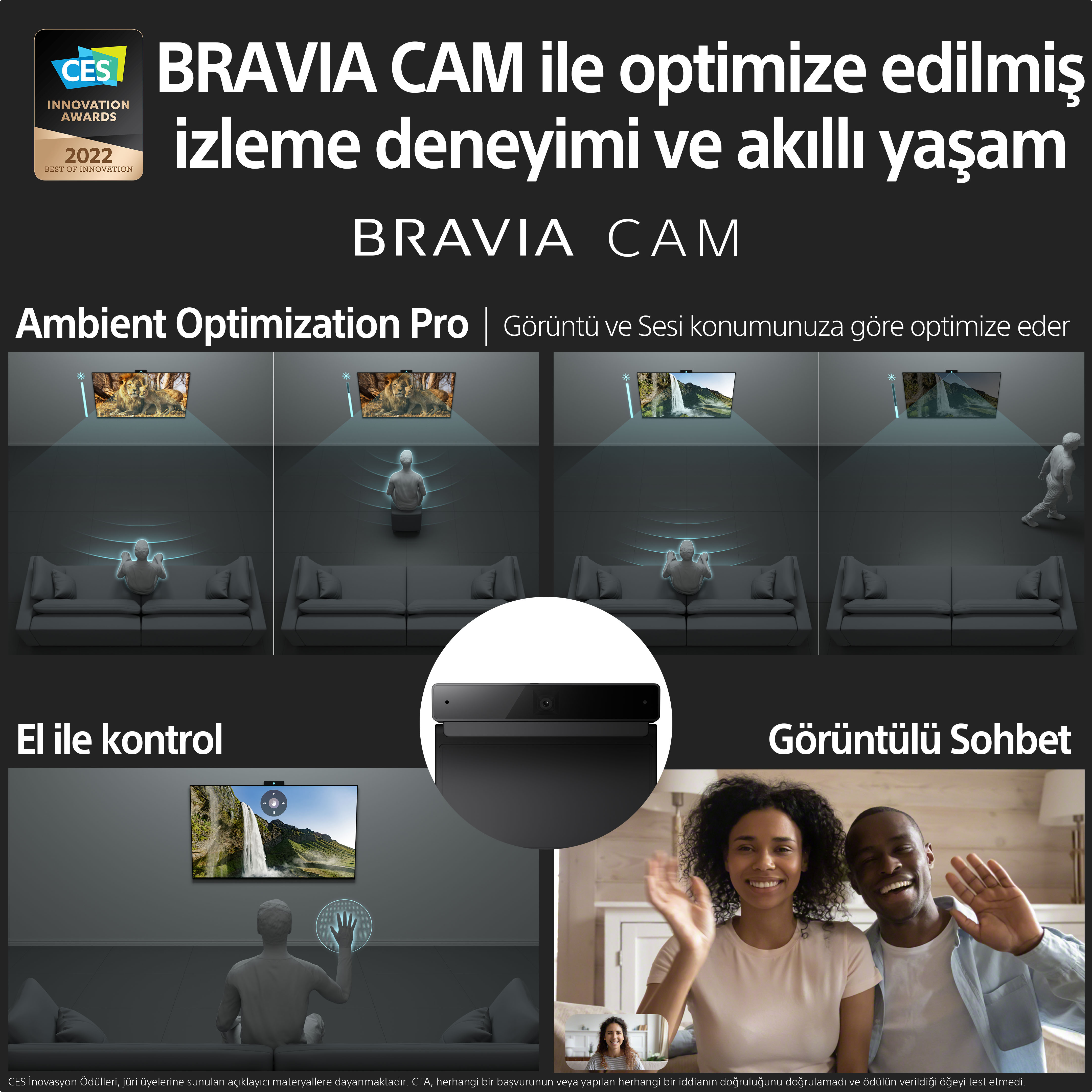 Bir oturma odası sahnesi, TV ekranı ve iki kişinin görüntülü sohbeti.