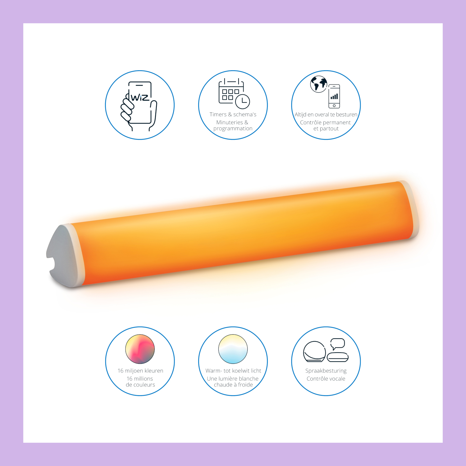 Oranje lichtbalk met iconen die functies beschrijven zoals timers en spraakbesturing.