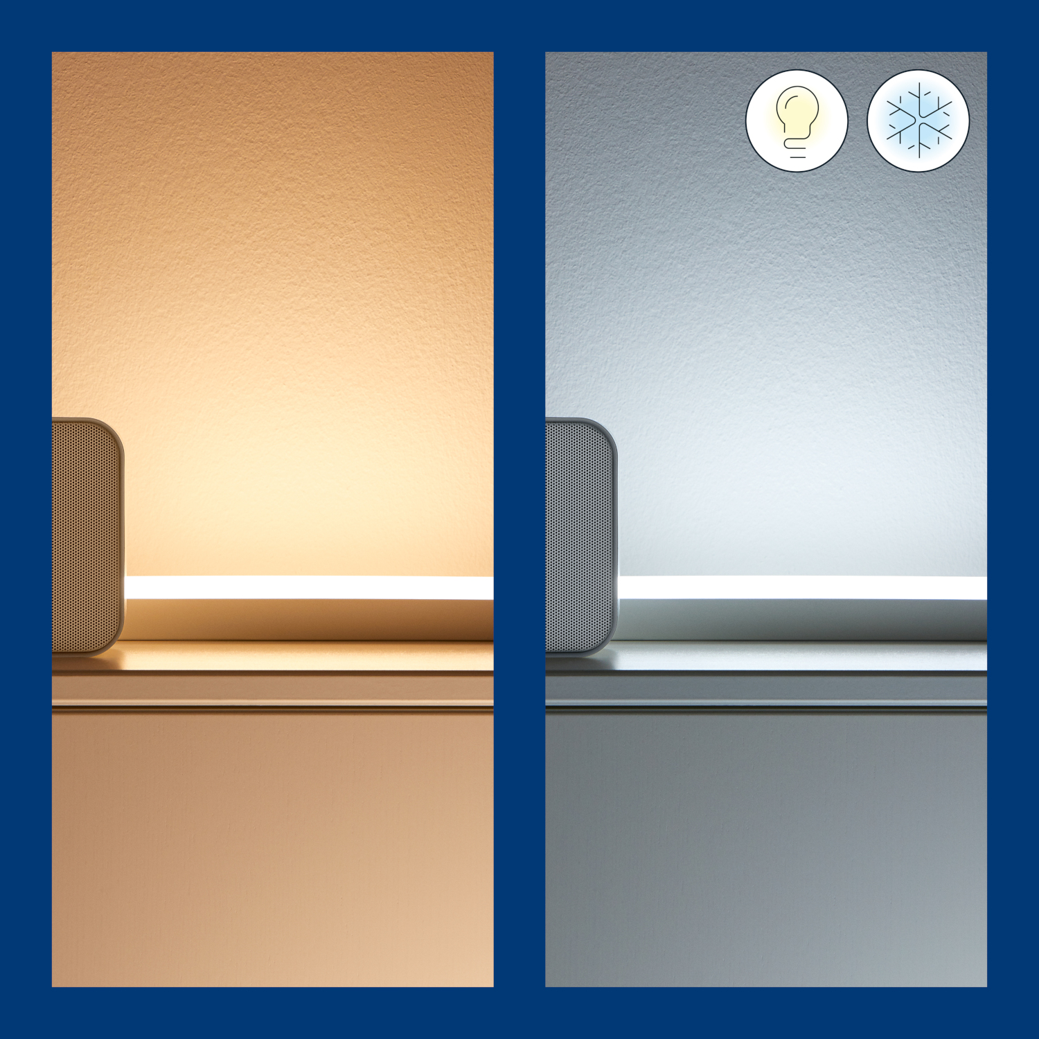 Twee afbeeldingen van een hoek van een kamer met verschillende verlichting. De ene is warm, de andere is koel. Gloeilampiconen zijn zichtbaar.