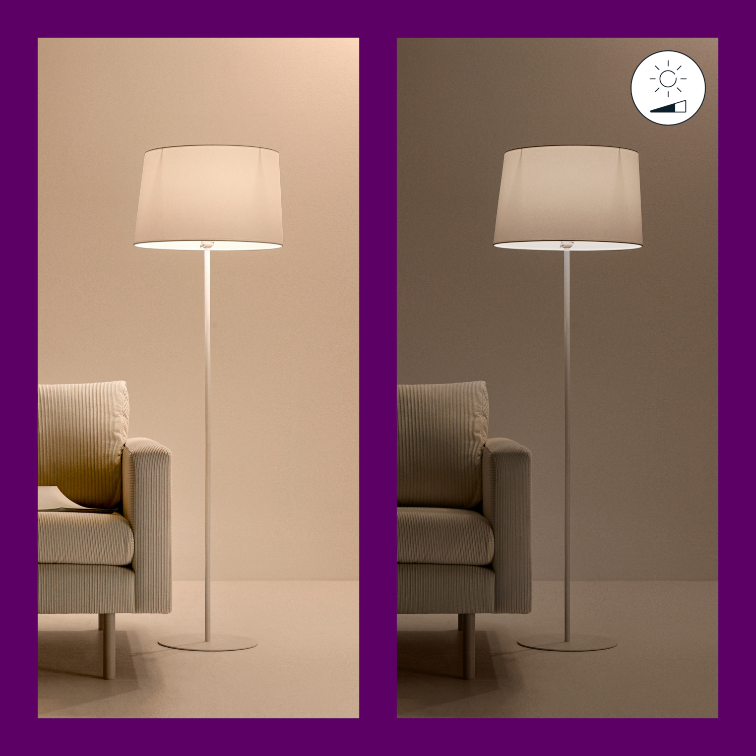 Twee afbeeldingen van een staande lamp en een bank, één met fel licht, één met gedimd licht.