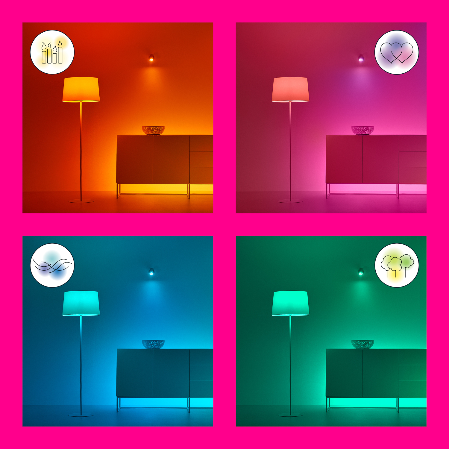 Vier afbeeldingen met lampen en gekleurd licht. Roze achtergrond. Verschillende kleuren in elk.