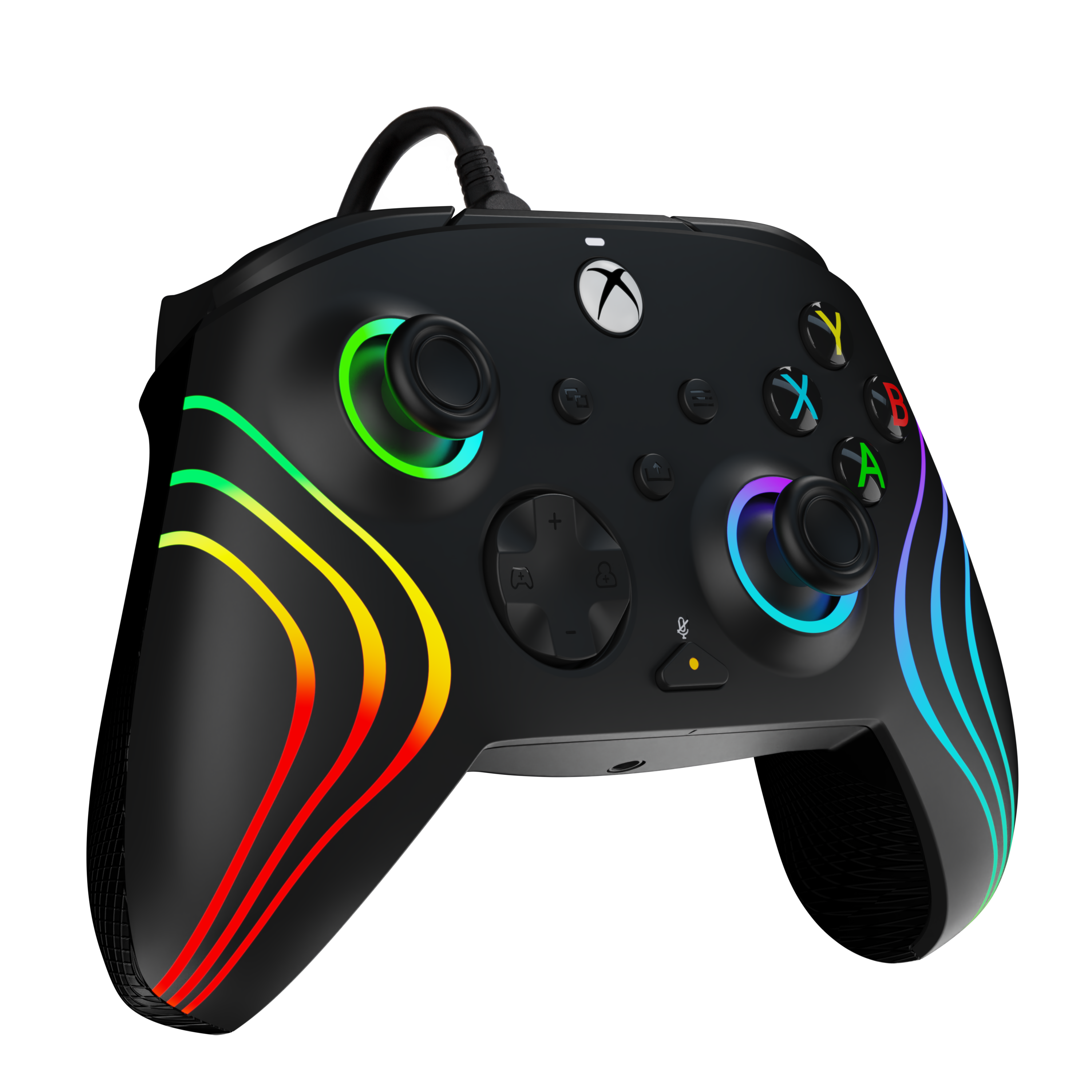 Schwarzer Gamecontroller mit bunten Lichtstreifen auf dunklem Hintergrund.