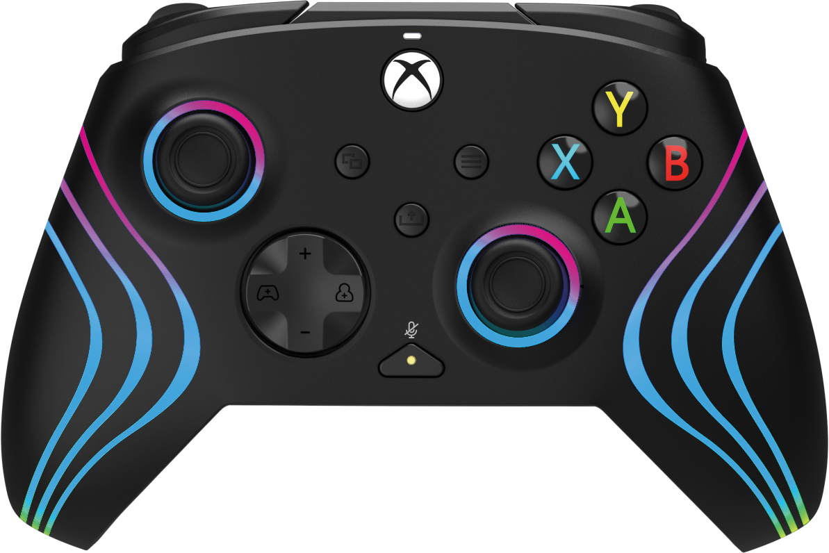 Schwarzer Xbox-Controller mit farbigen Akzenten und Tasten.