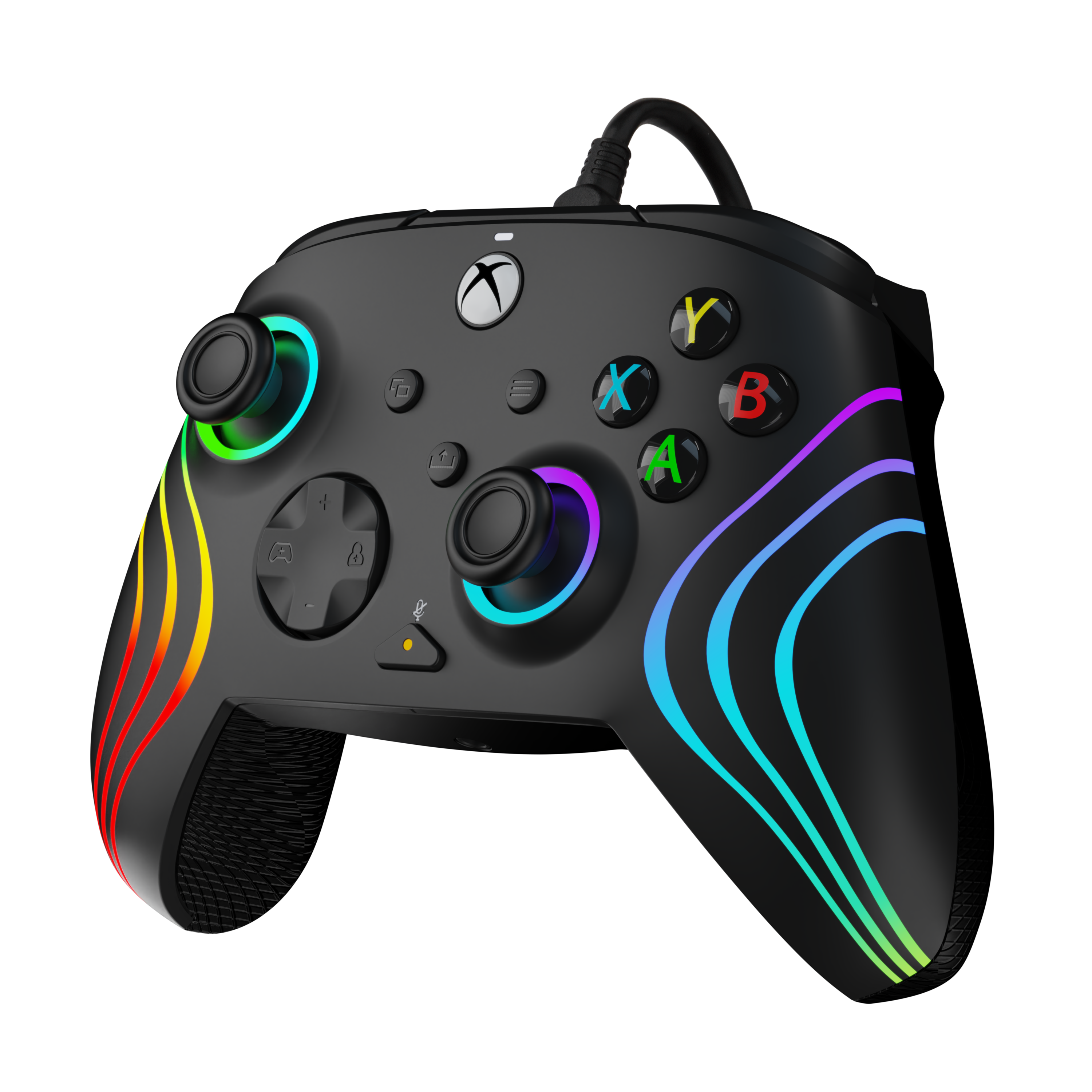 Schwarzer Gamecontroller mit farbenfroher Beleuchtung und Tasten.