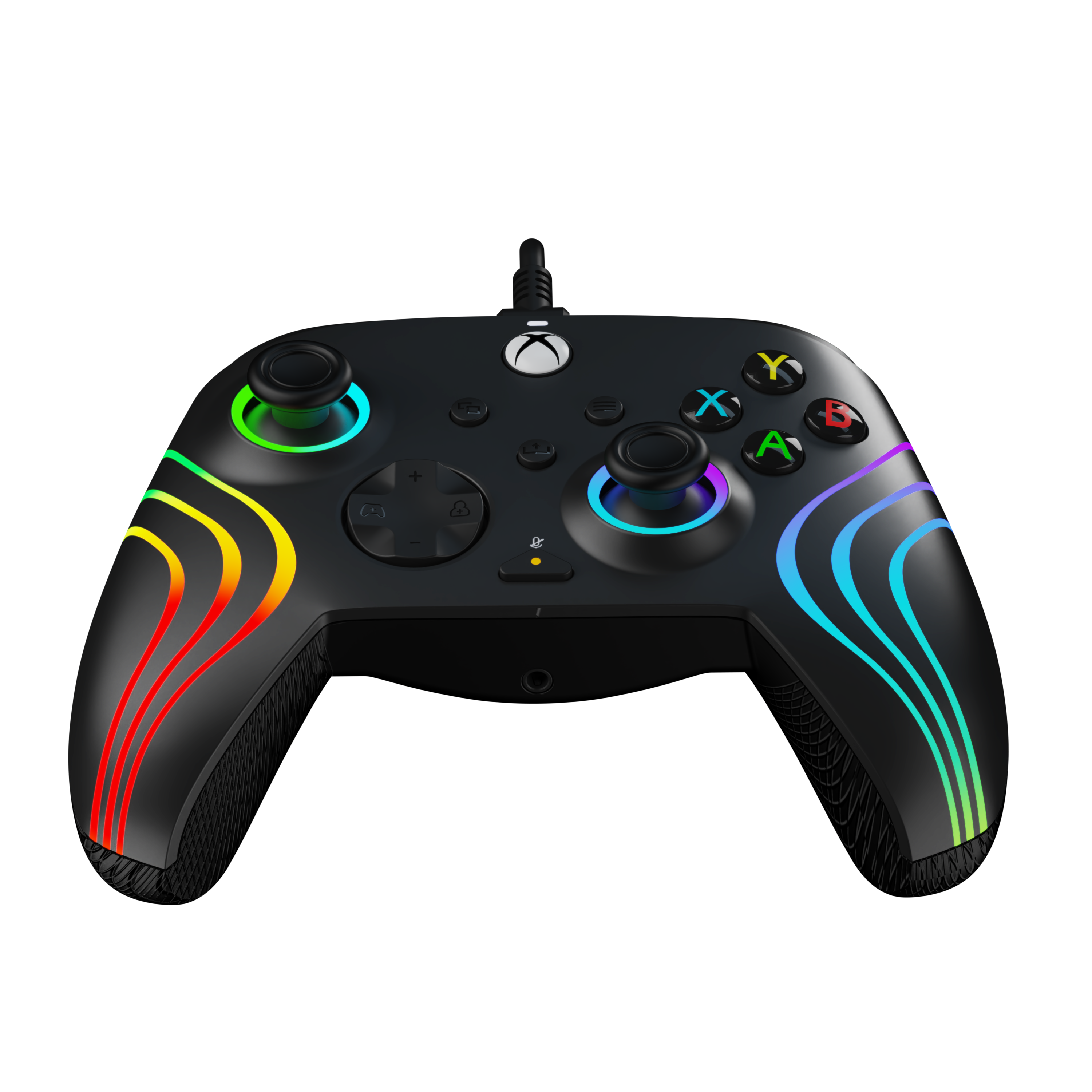 Schwarzer Gamecontroller mit bunten Lichtern.