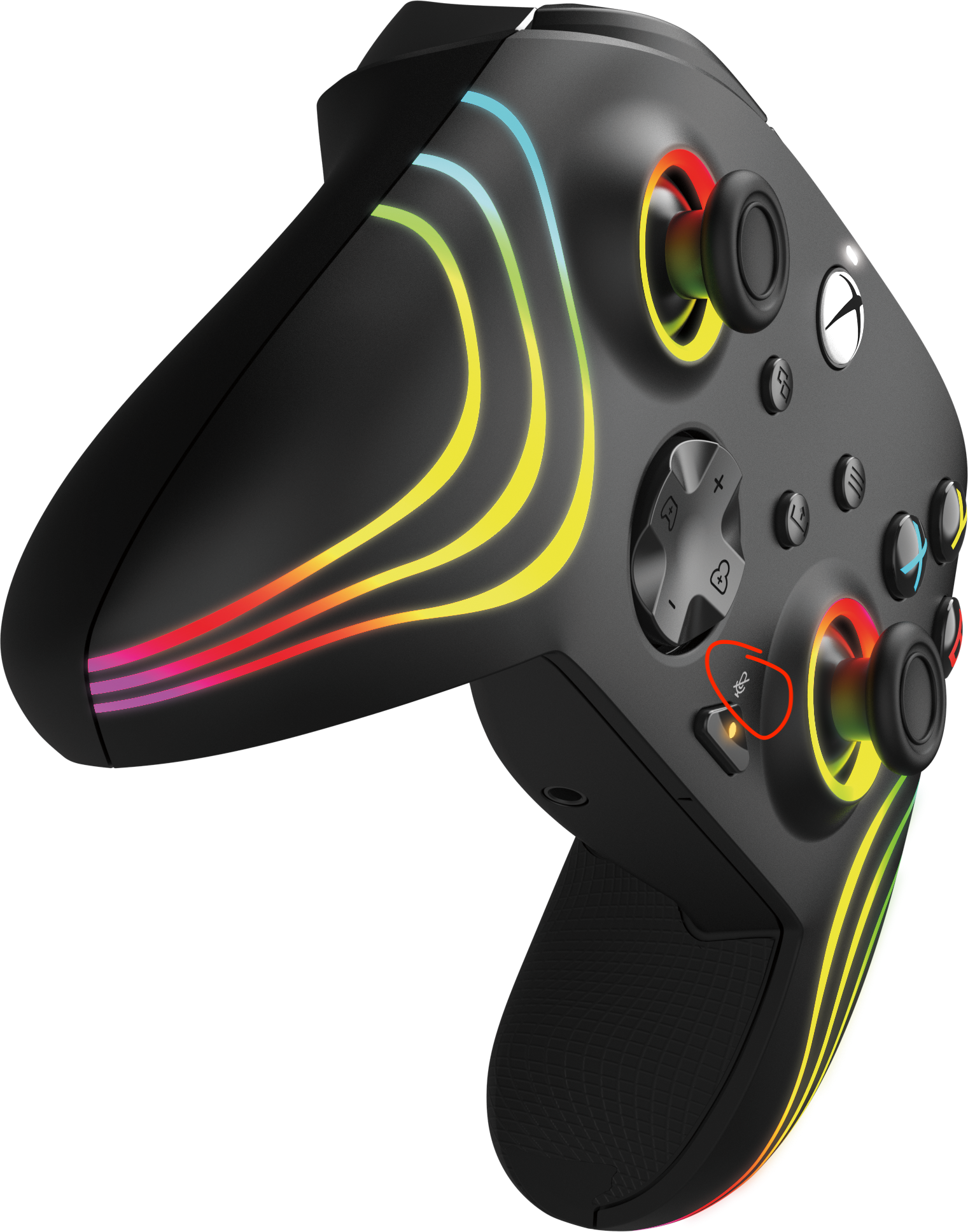 Schwarzer Xbox-Controller mit Regenbogenlichtern und verschiedenen Tasten.