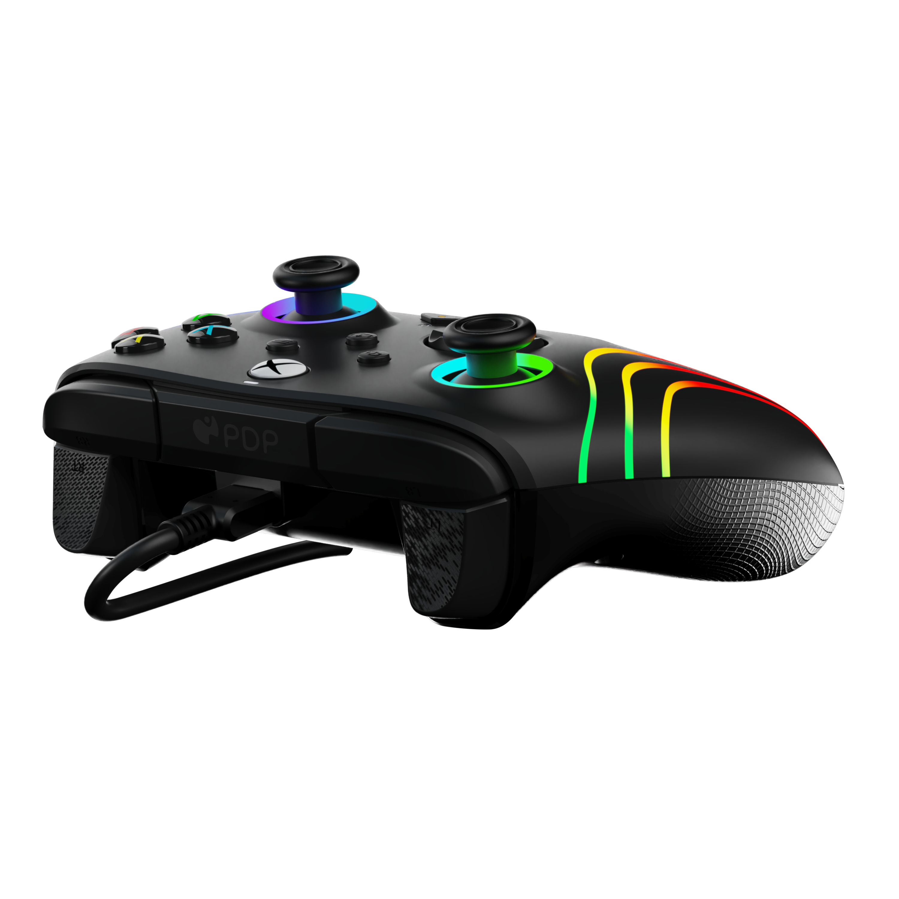 Ein schwarzer Gaming-Controller mit bunten Lichtern an den Griffen und schwarzem Hintergrund.