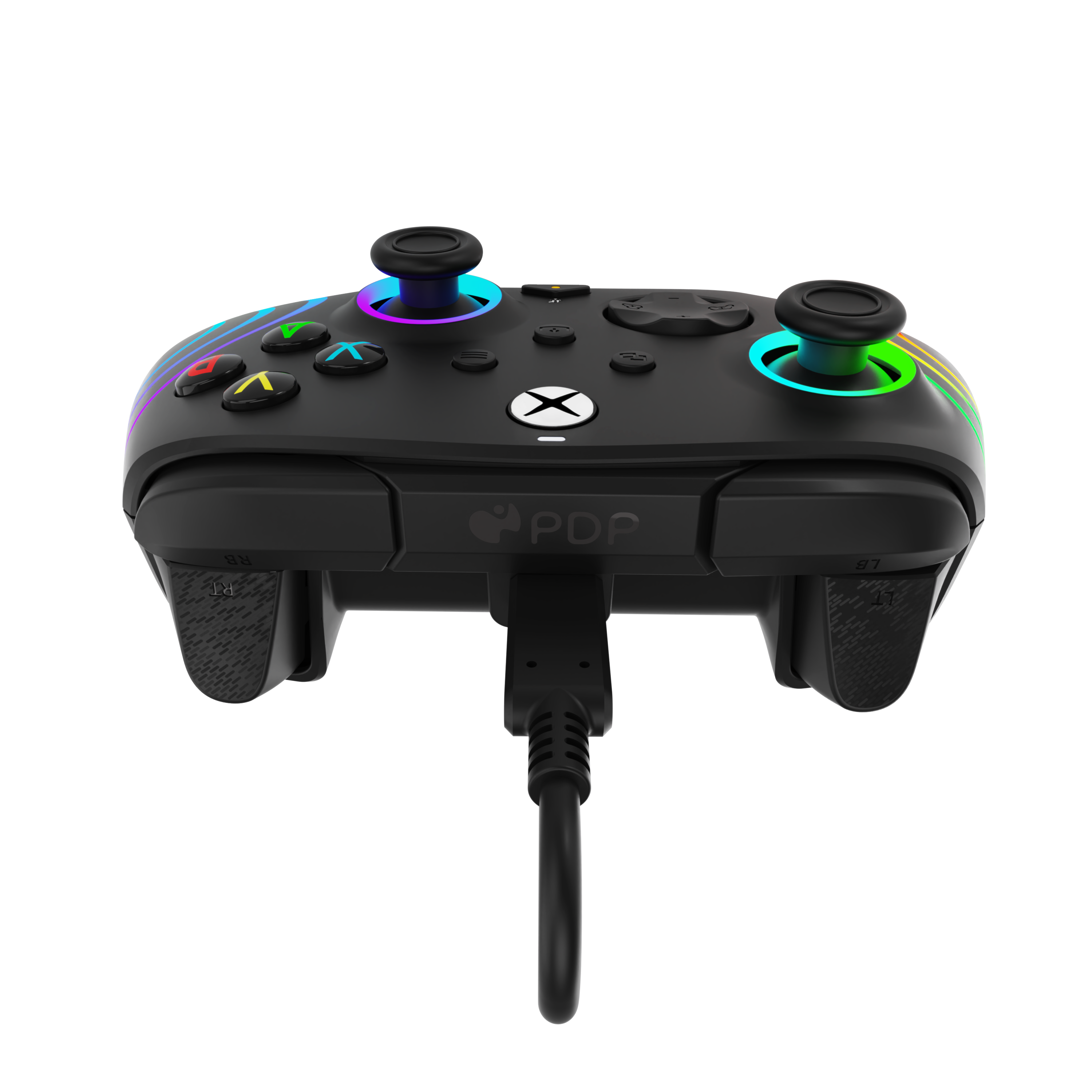 Ein schwarzer Xbox-Controller mit bunten Knöpfen und Lichtern. Er ist mit einem Kabel angeschlossen.