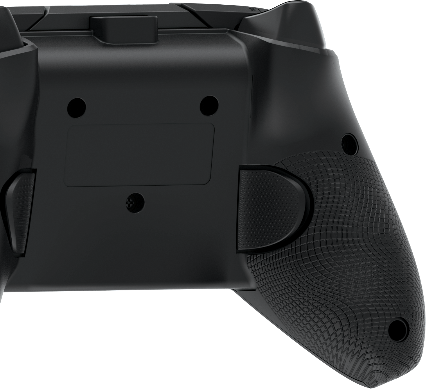 Schwarze Gamecontroller-Rückseite, Nahaufnahme. Strukturierte Griffe und Knöpfe sind vor schwarzem Hintergrund sichtbar.