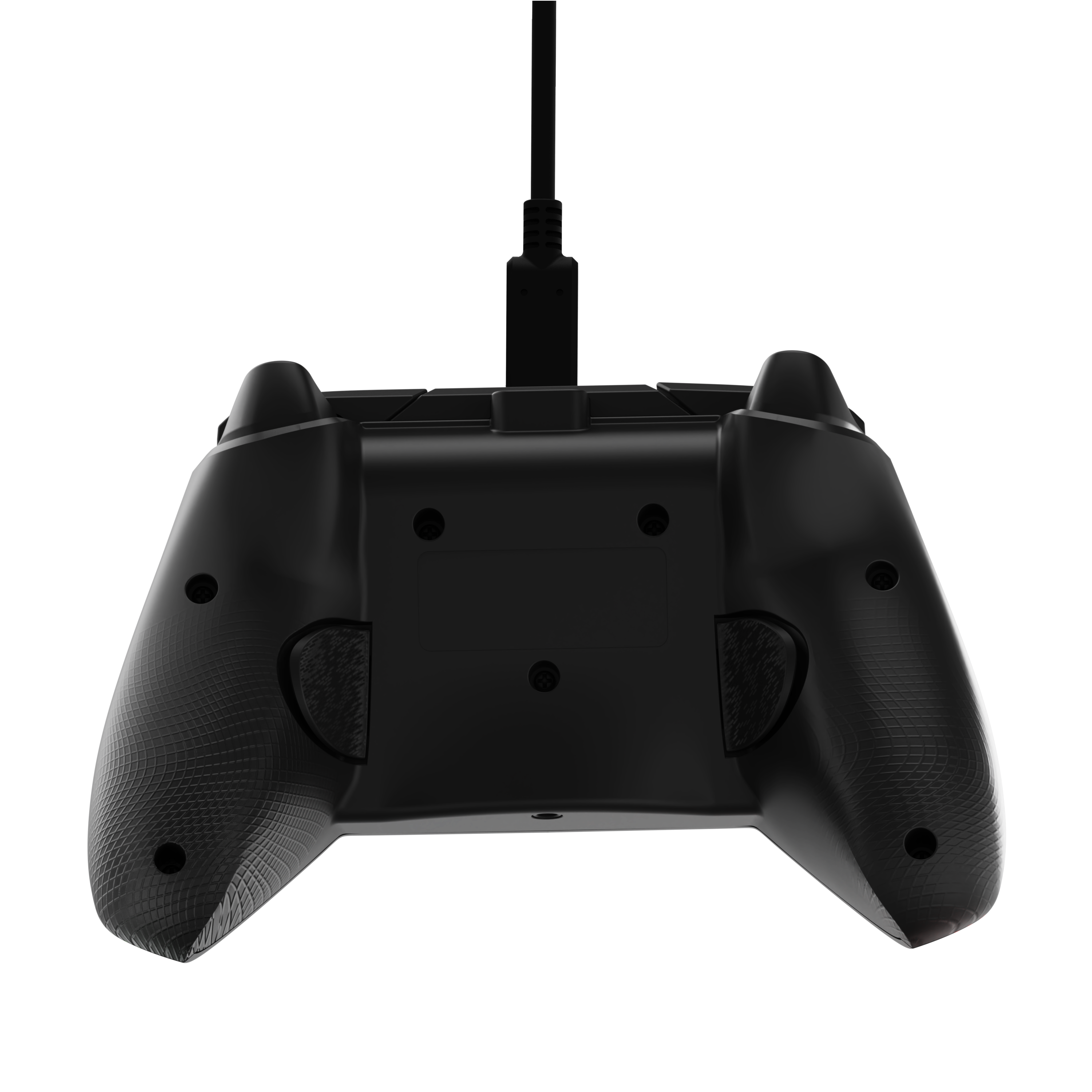 Schwarzes Gamepad von unten mit Kabel. Mit Tasten und Grip-Texturen.