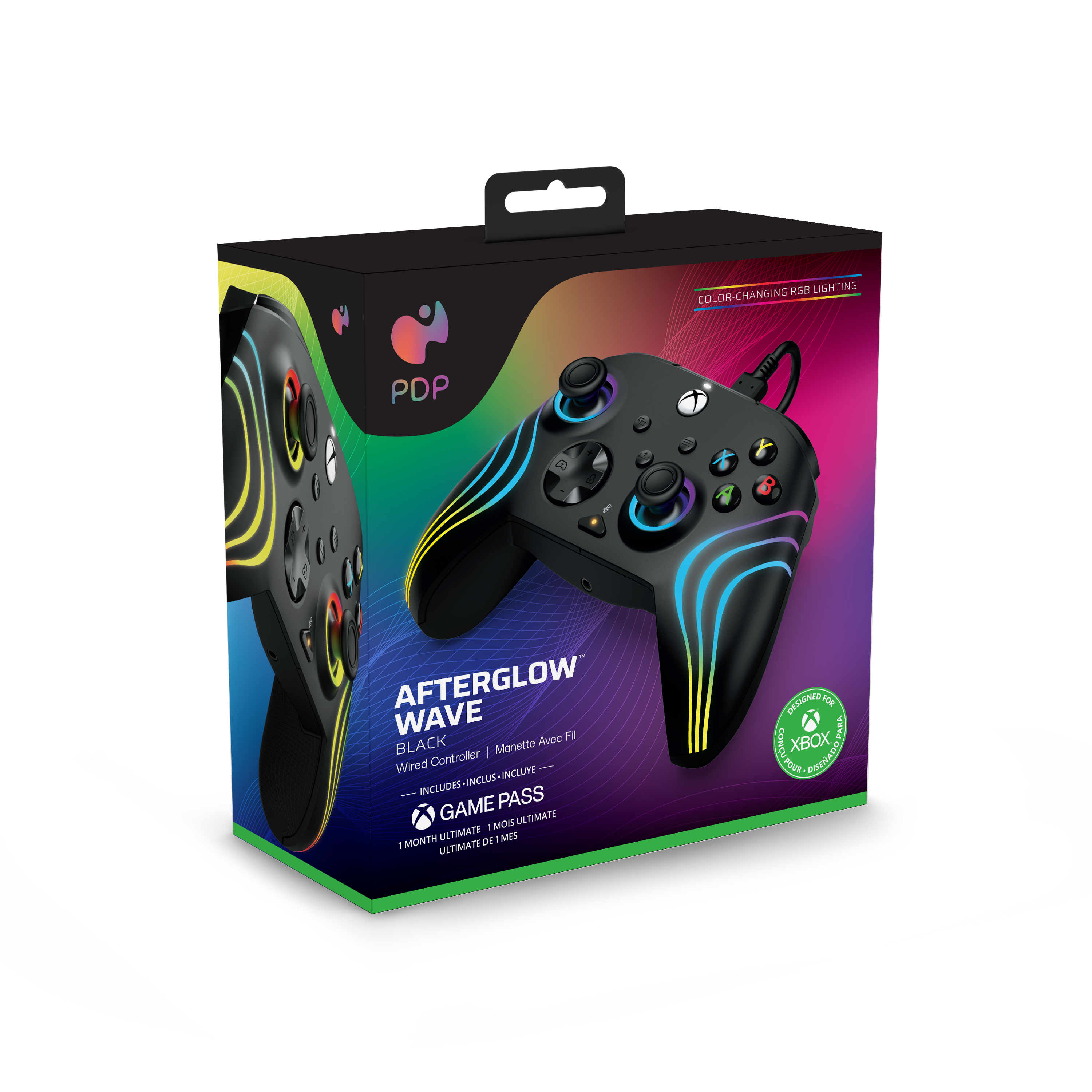 Spielcontroller-Box mit sichtbarem Controller. Box hat farbwechselnde RGB-Beleuchtung.