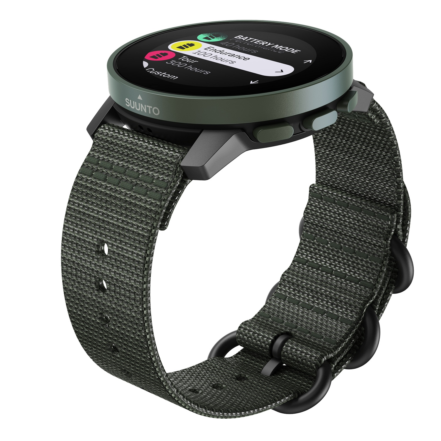 Un reloj Suunto verde oliva con una correa de tela verde y detalles negros.