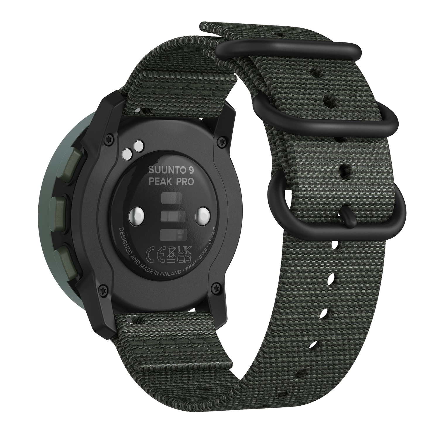 La parte posterior de un reloj Suunto 9 Peak Pro con una correa verde. El reloj es negro.