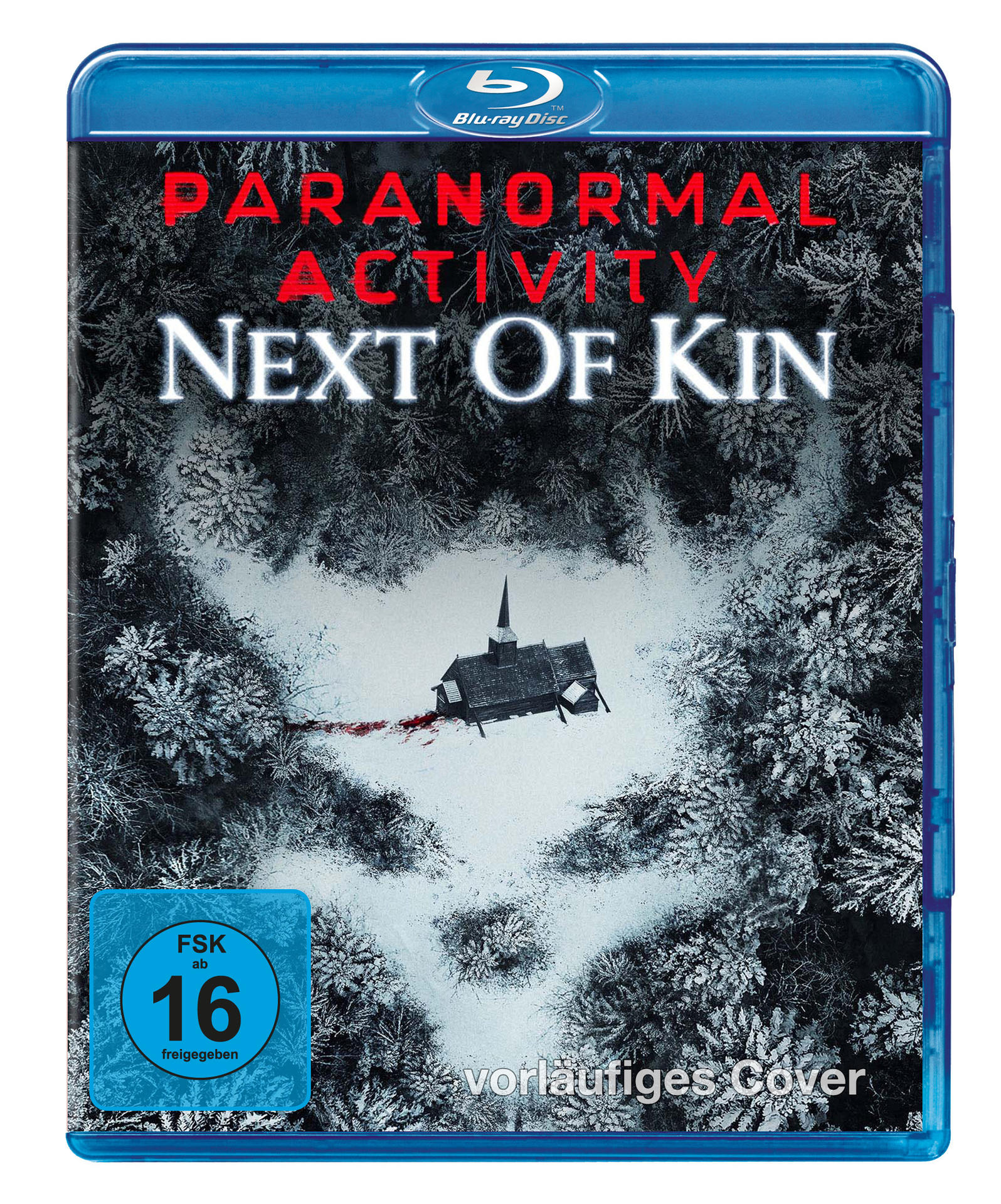 Blu-ray-Cover: Verschneiter Wald mit einer kleinen Kirche, Titel 'Paranormal Activity'.