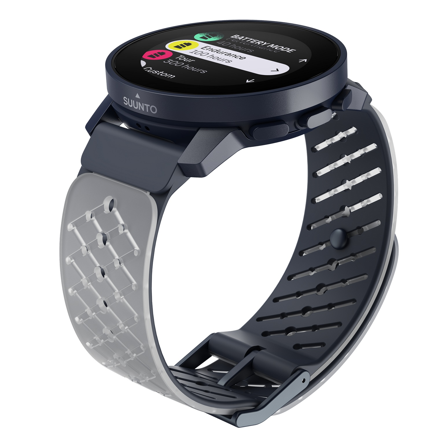Un reloj inteligente Suunto con correa azul y gris. La pantalla está encendida.