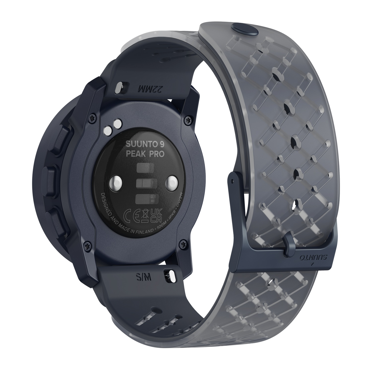 Un reloj Suunto 9 Peak Pro azul oscuro con una correa azul transparente.