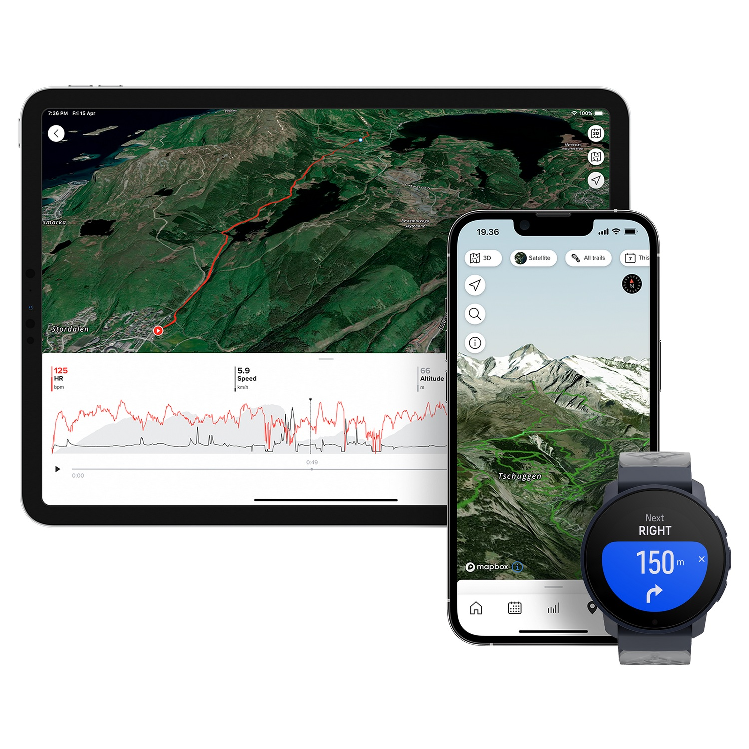 Tableta y teléfono que muestran un mapa. Un reloj inteligente muestra indicaciones. Fondo: montañas y vegetación.