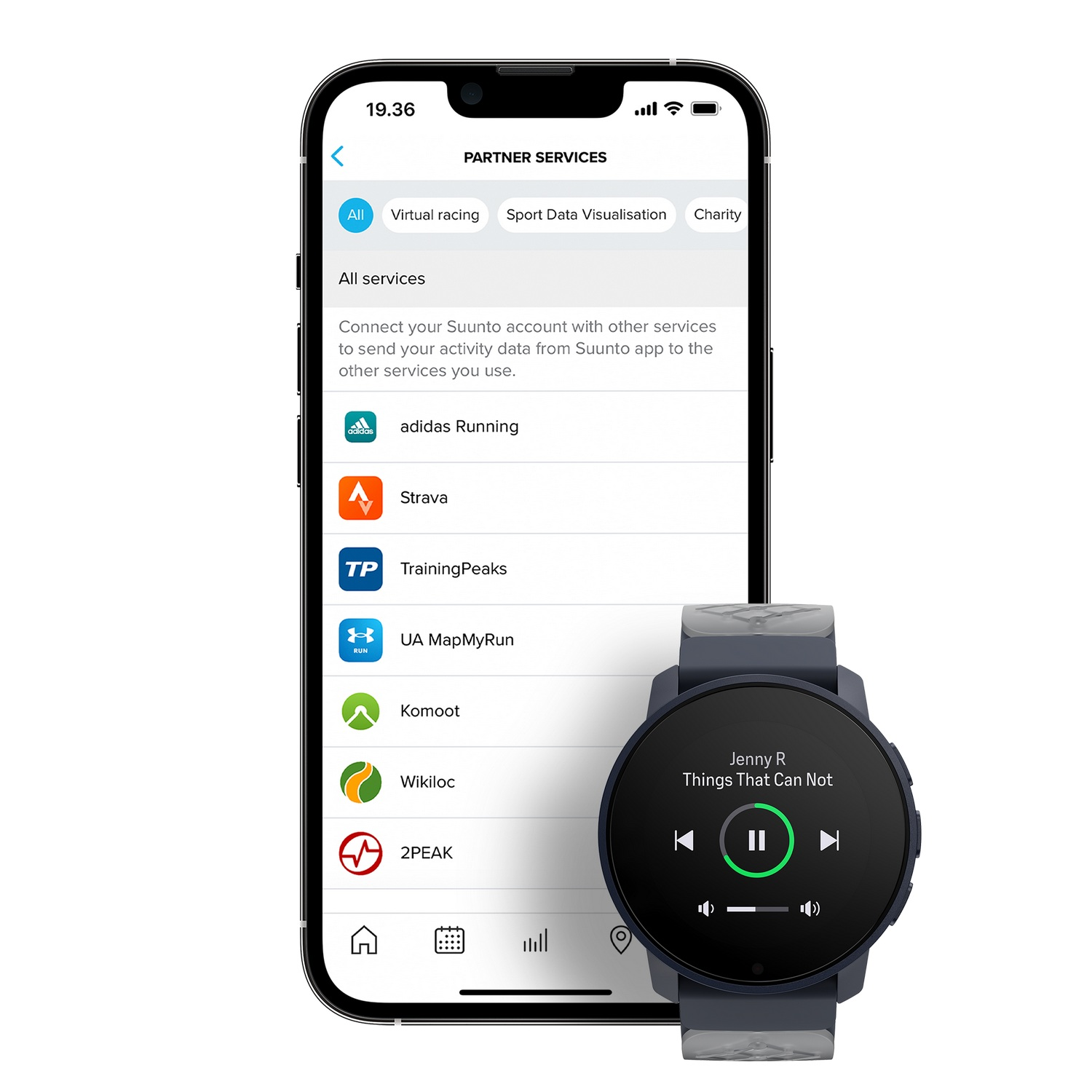 Smartphone mostrando servicios Suunto, un reloj con controles de música.