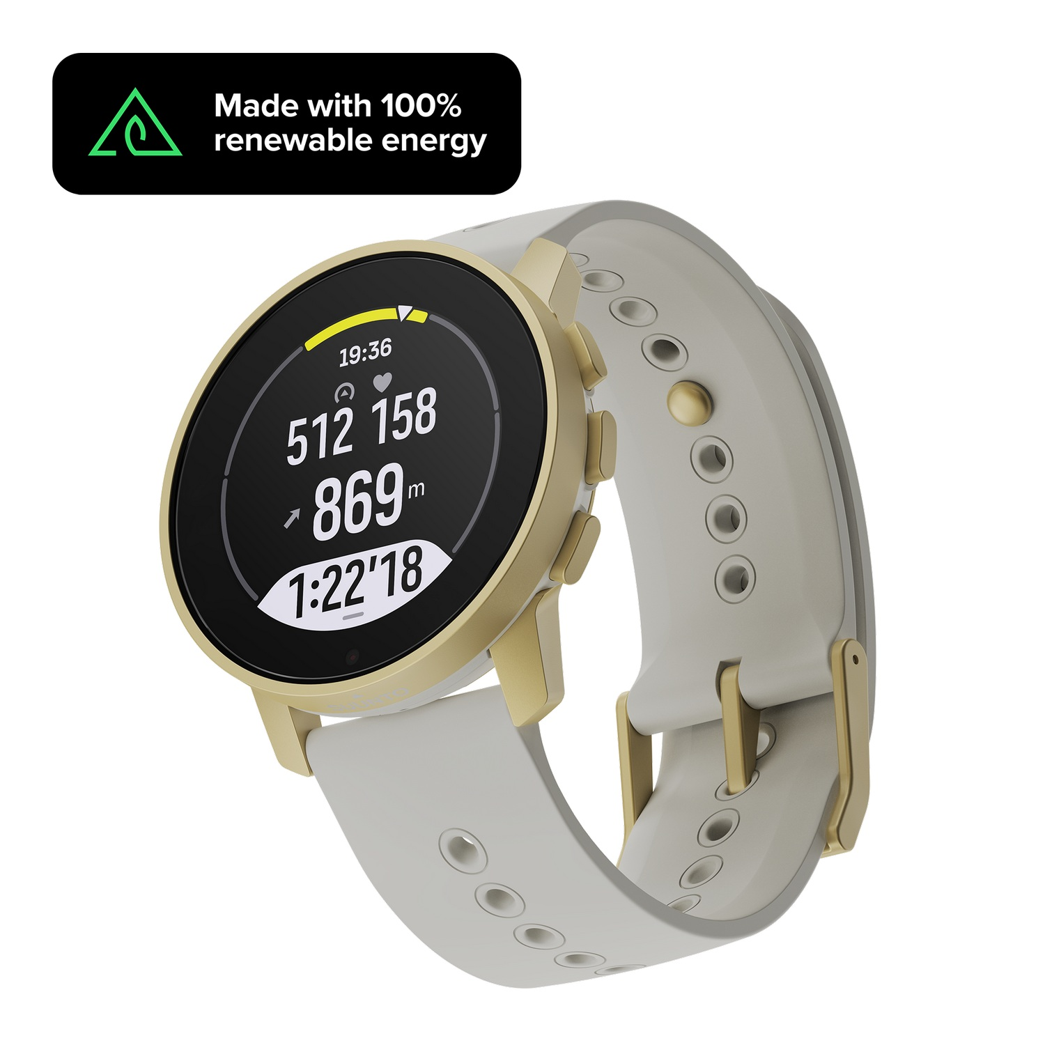 Un reloj inteligente dorado y blanco con pantalla negra que muestra datos. Texto arriba: 'Fabricado con 100% energía renovable'.