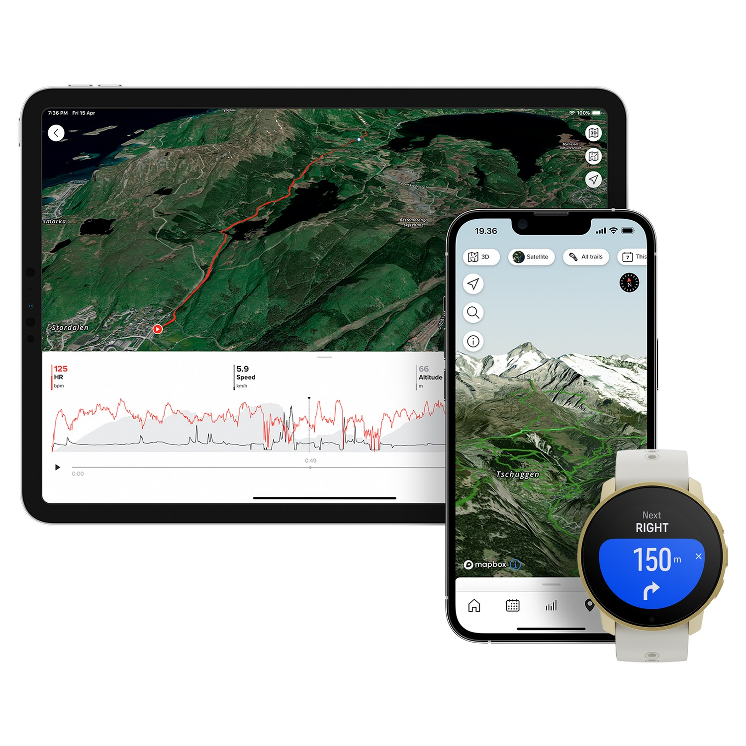 Tableta y teléfono mostrando un mapa y datos de seguimiento de fitness. También un smartwatch.