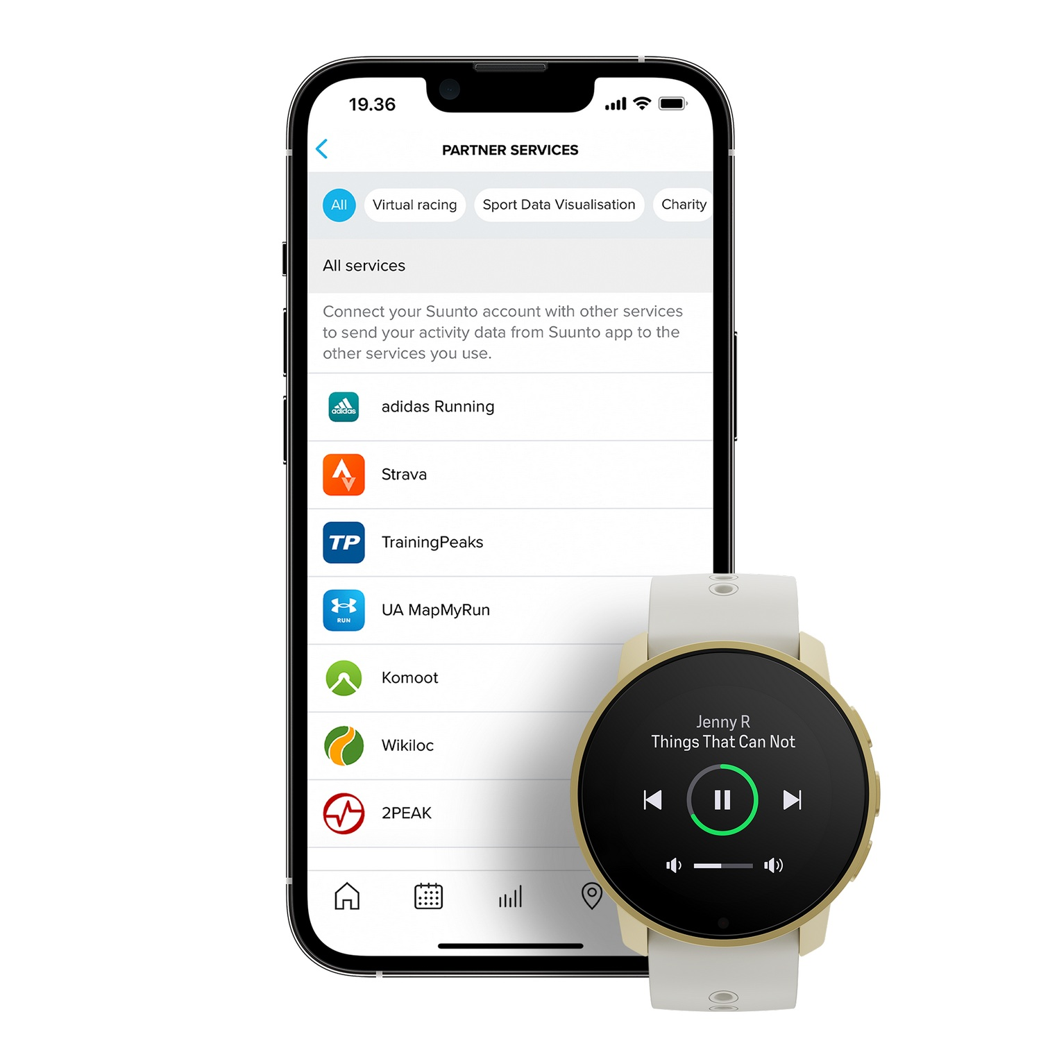 Teléfono que muestra la aplicación Suunto conectada a un reloj.