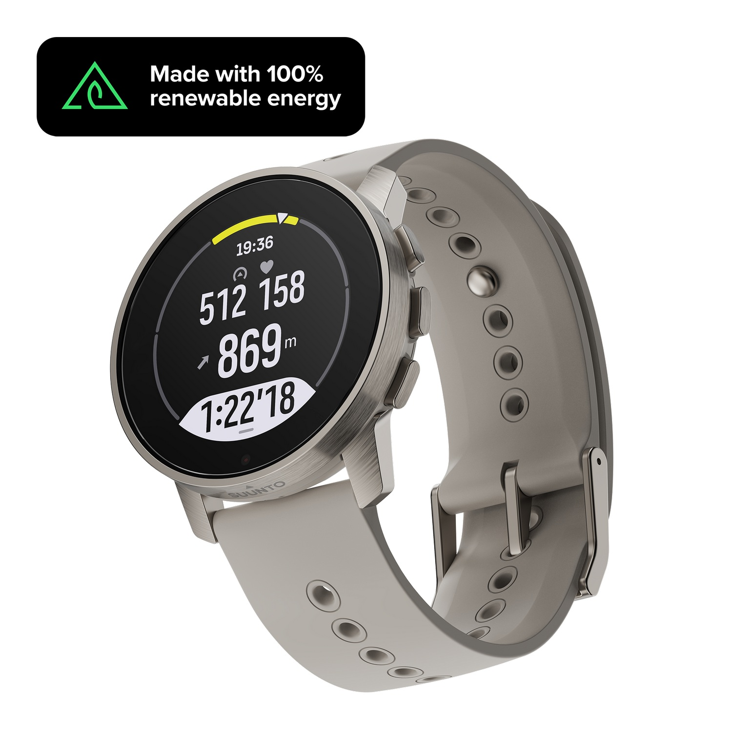 Un reloj inteligente plateado y gris con pantalla negra que muestra datos. Texto arriba: 'Fabricado con 100% energía renovable'.