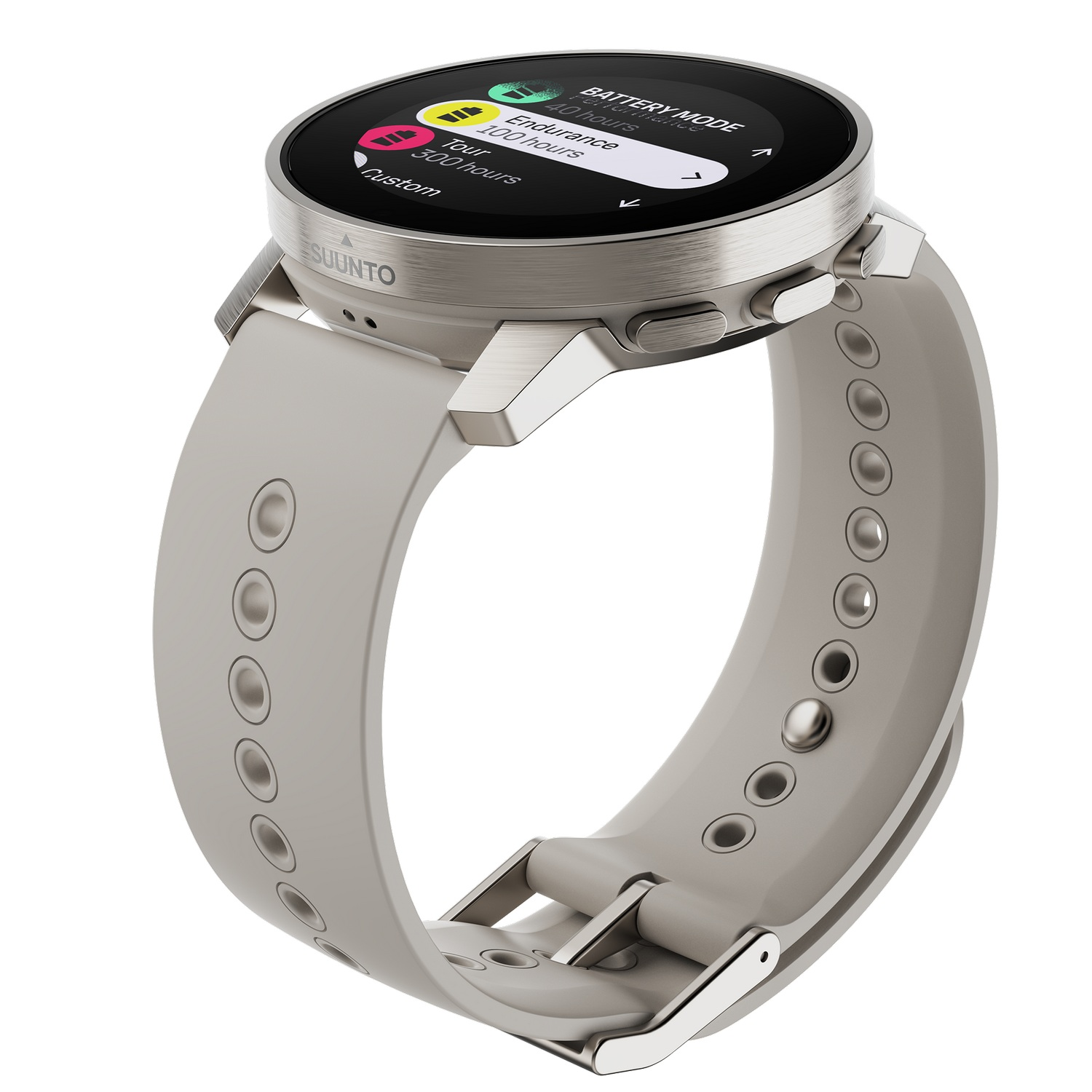 Smartwatch plateado con una correa gris, mostrando la hora, el modo de batería y configuraciones personalizadas.
