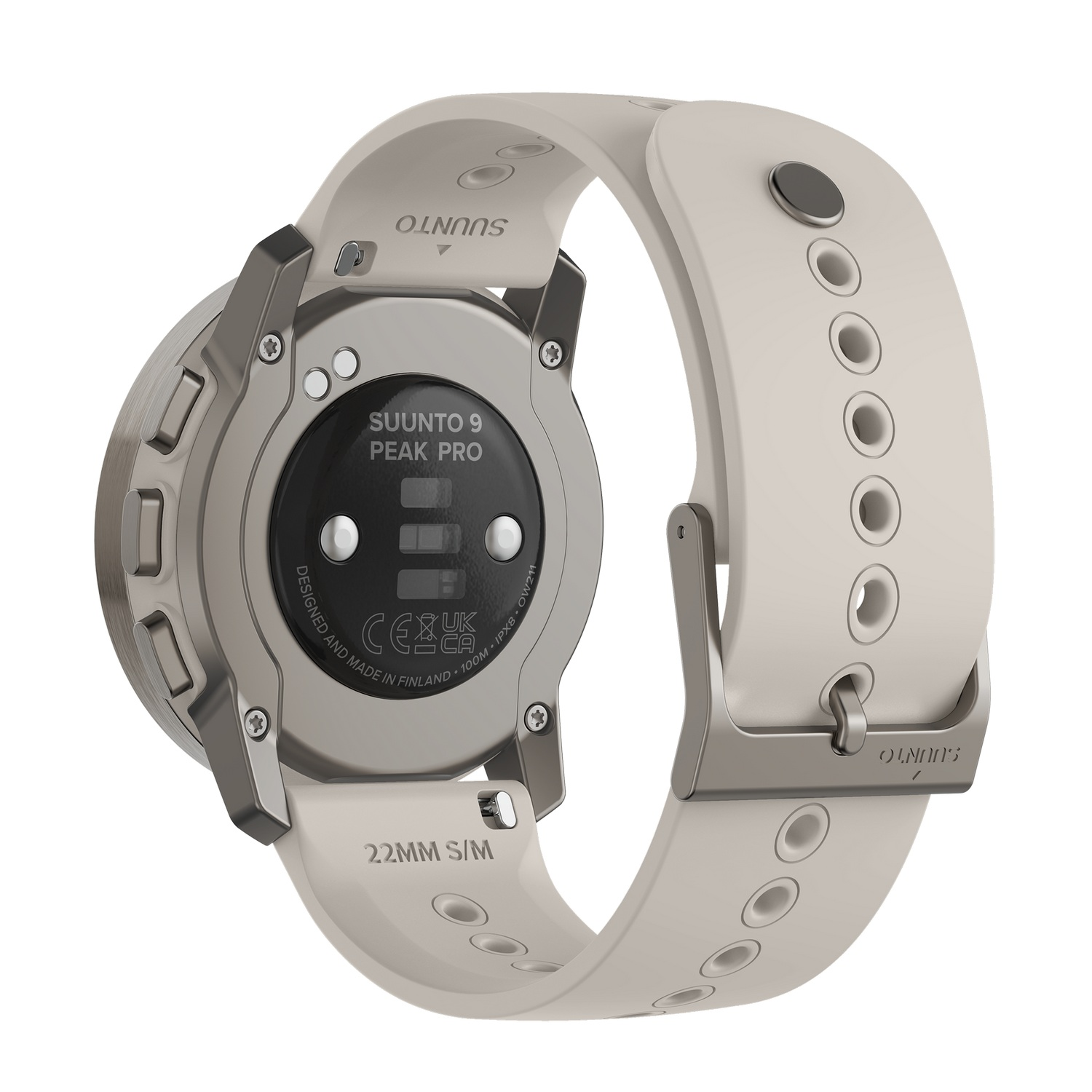 Un reloj blanco Suunto 9 Peak Pro con una correa blanca. La parte posterior del reloj es visible.