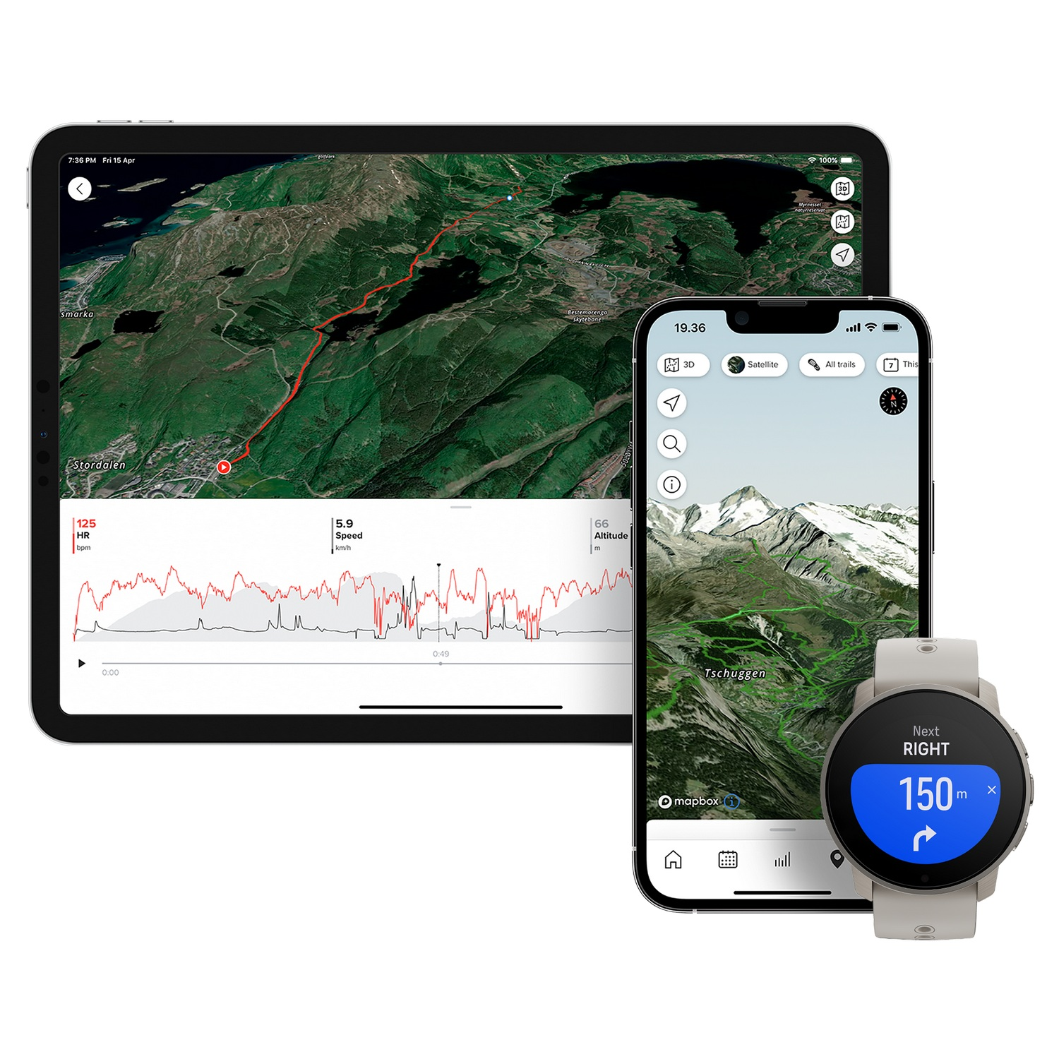Tableta y teléfono muestran datos de mapas con un reloj que muestra datos. Fondo blanco.