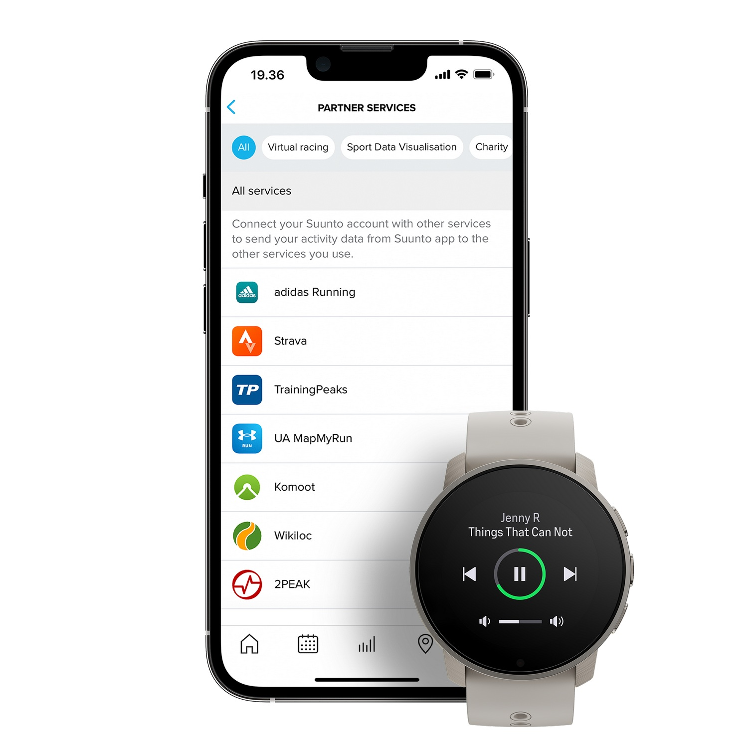 Un smartphone muestra una app de Suunto. Un reloj inteligente gris está conectado y muestra controles de música. Texto: 'Jenny R Things That Can Not'.