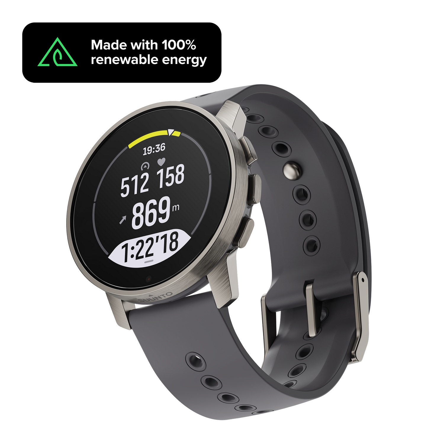 Un smartwatch Suunto con pantalla redonda, mostrando métricas y el logo de energía renovable.