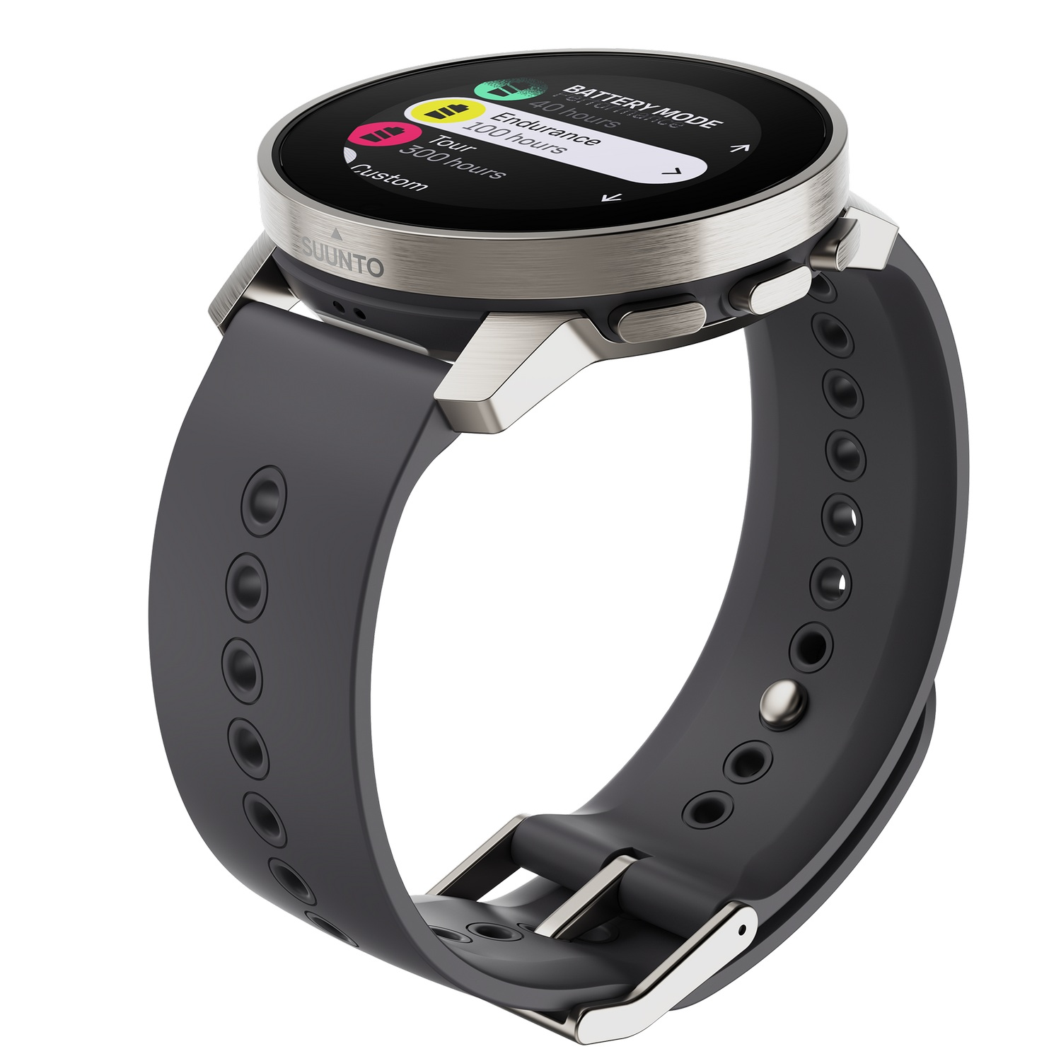 Reloj inteligente negro con bisel y correa grises, mostrando configuraciones de batería y modo.