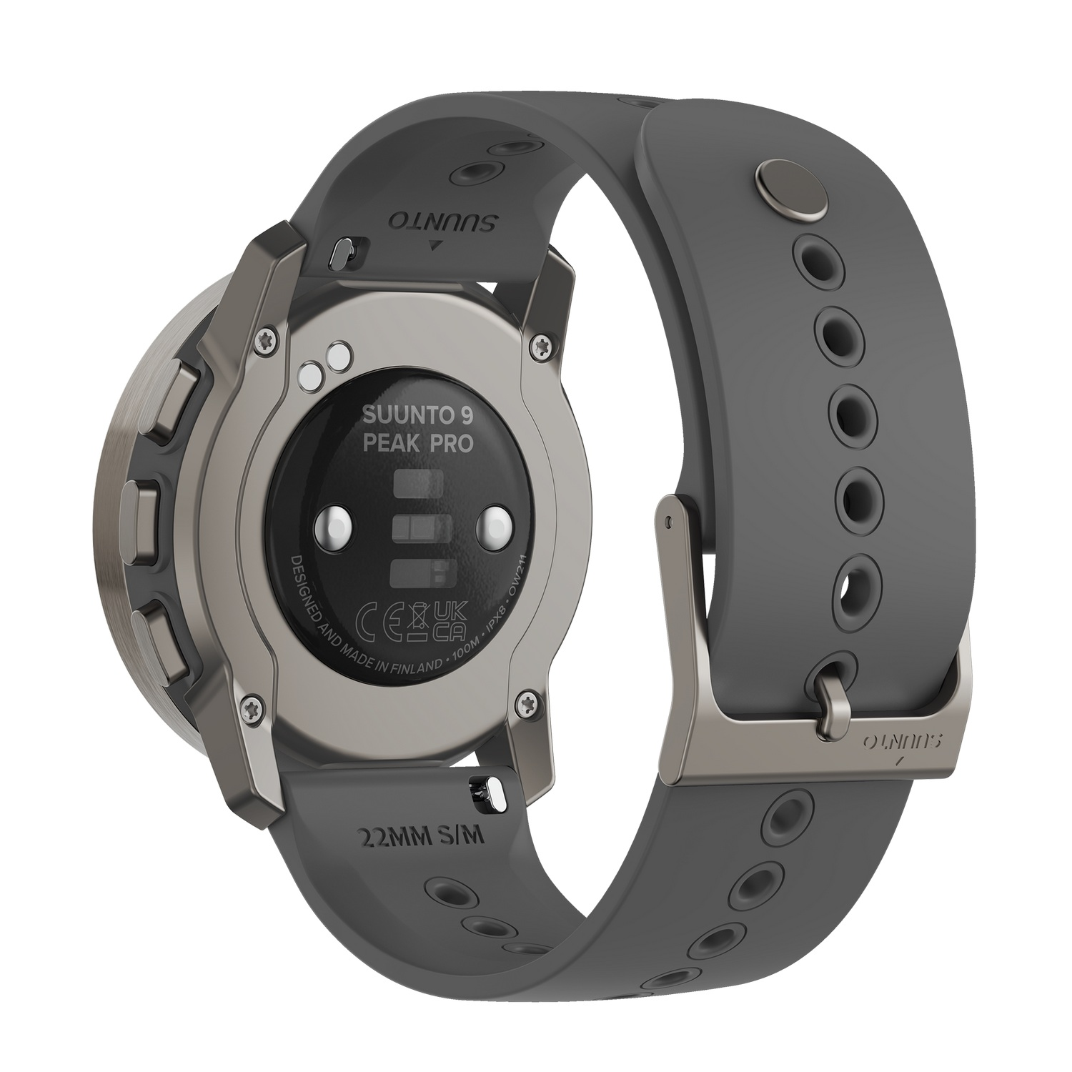 Smartwatch Suunto 9 Peak Pro gris, vista trasera. Correa gris. Fondo blanco.