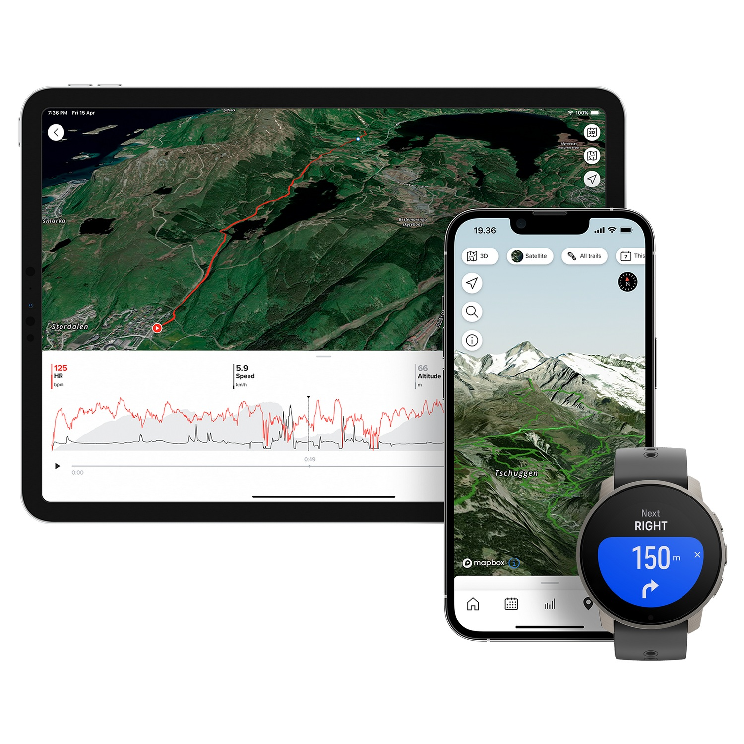 Tableta y teléfono que muestran una ruta de montaña con un reloj inteligente.