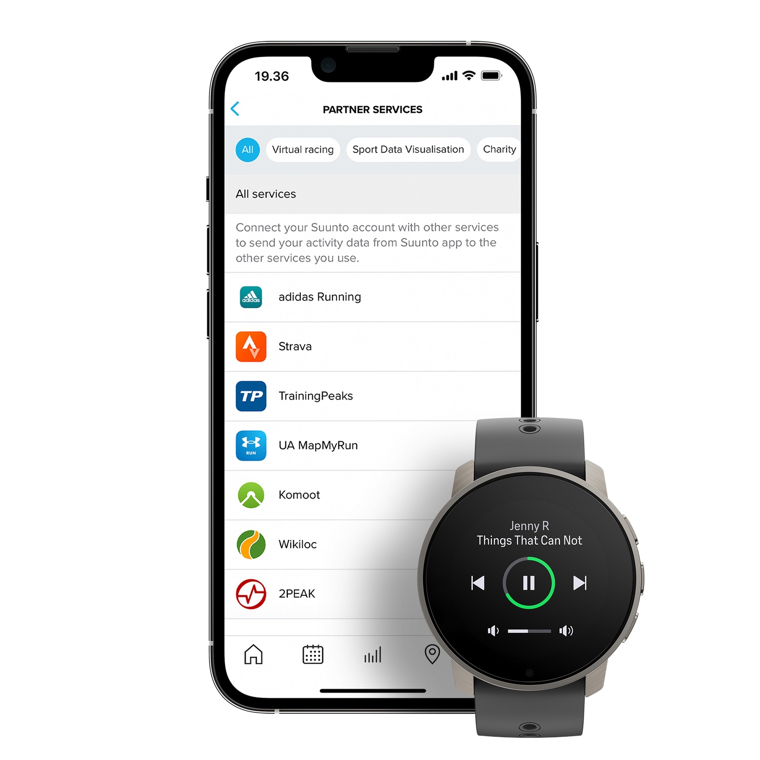 Teléfono que muestra la aplicación Suunto, reloj con botón de pausa.