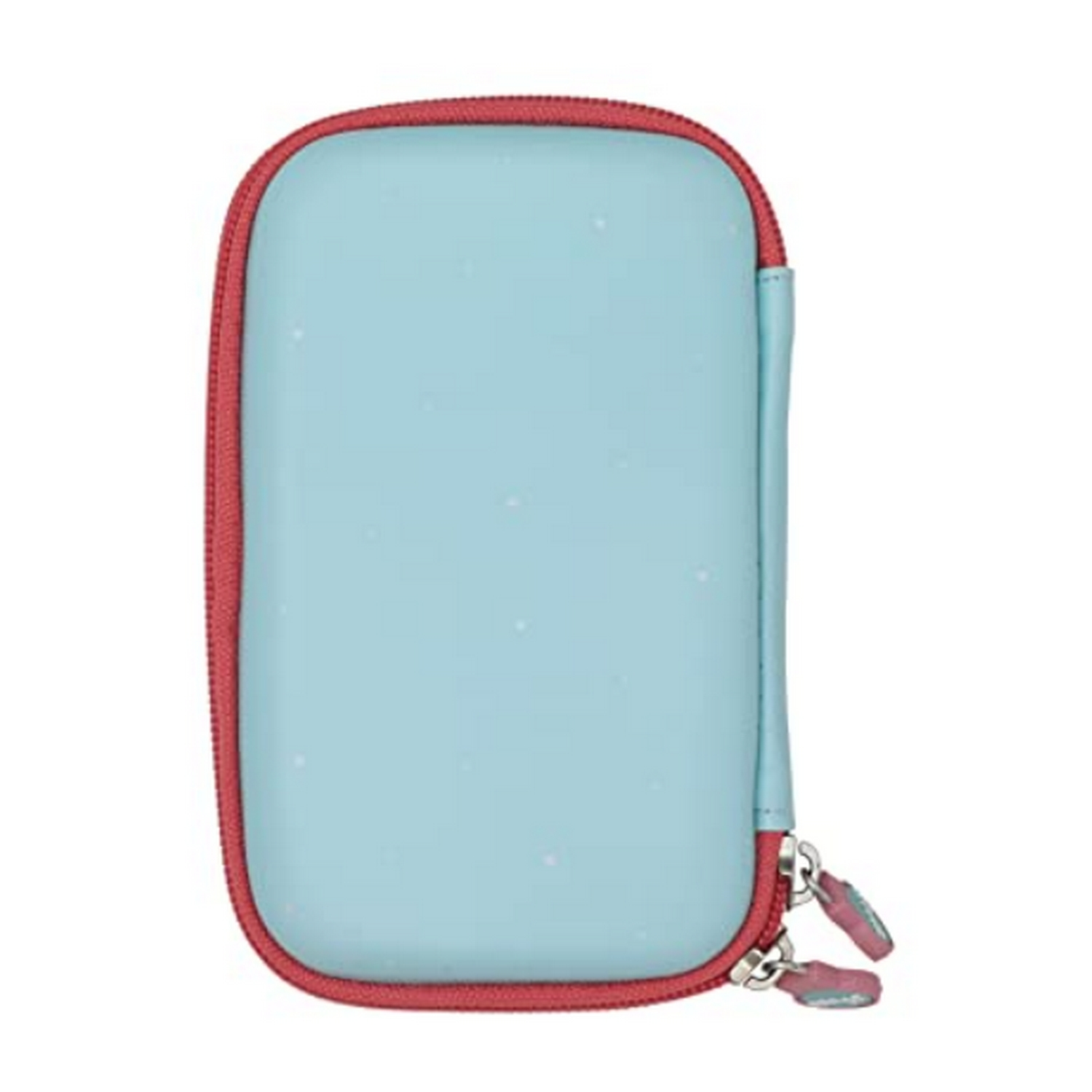 Un estuche azul claro con cremallera roja. El estuche tiene un patrón de puntos. La cremallera está cerrada.
