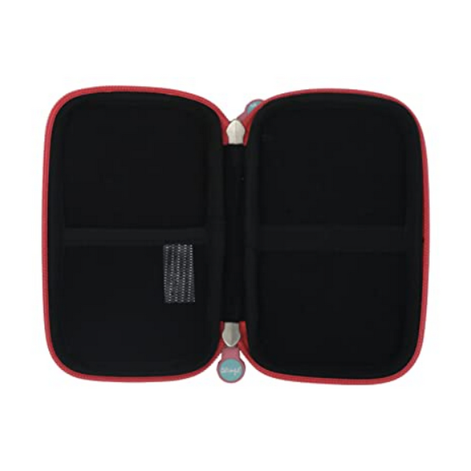 Estuche rojo y negro, abierto, que muestra los compartimentos interiores.