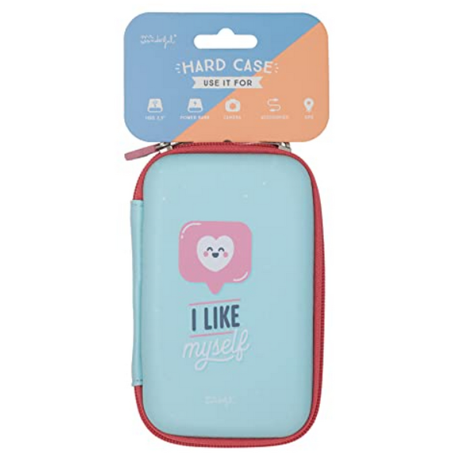Una funda rígida azul claro con una burbuja de diálogo rosa. El texto 'I LIKE myself' está impreso en ella.