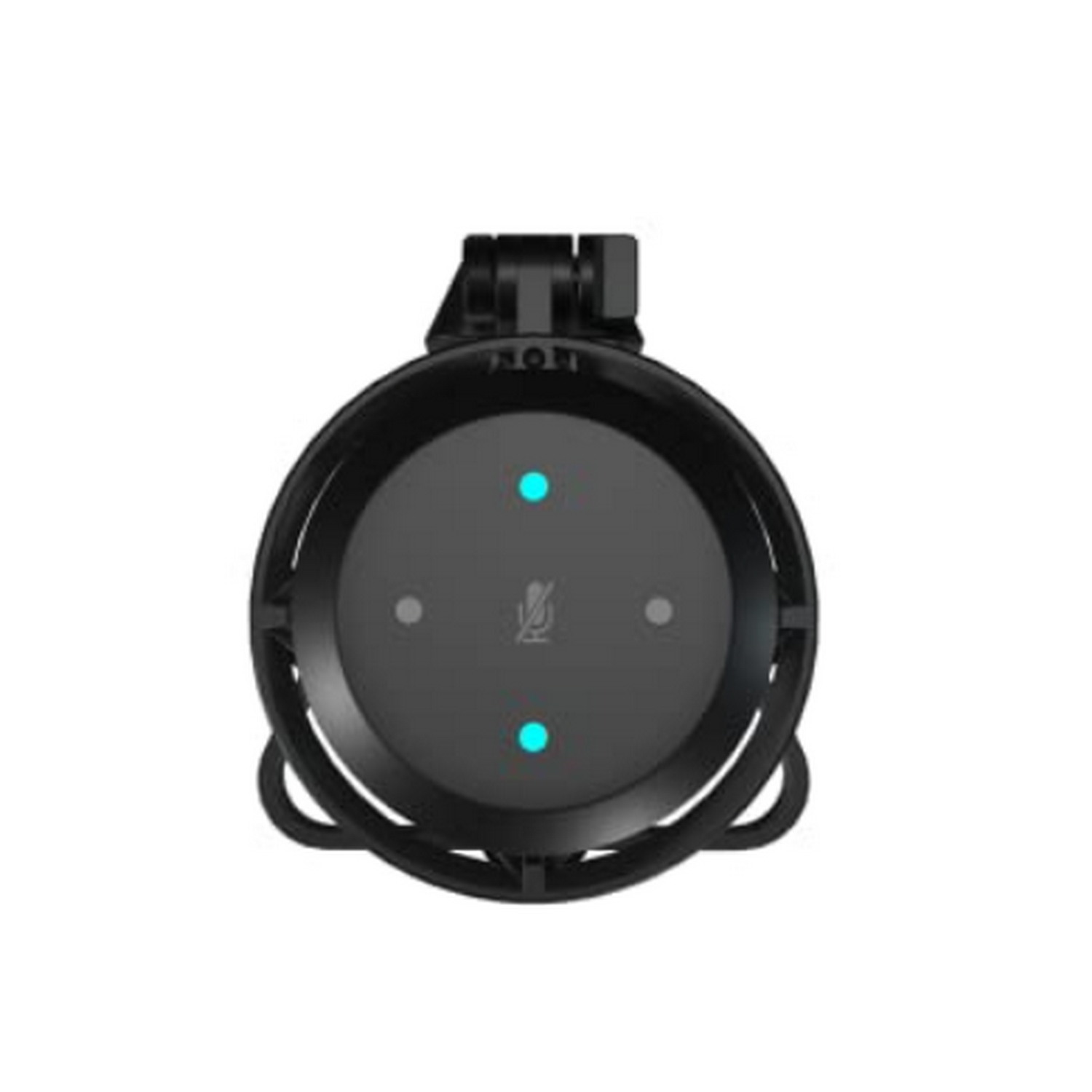 Dispositivo doméstico inteligente circular negro con tres luces azules y un icono de micrófono. El dispositivo está sobre un fondo blanco.