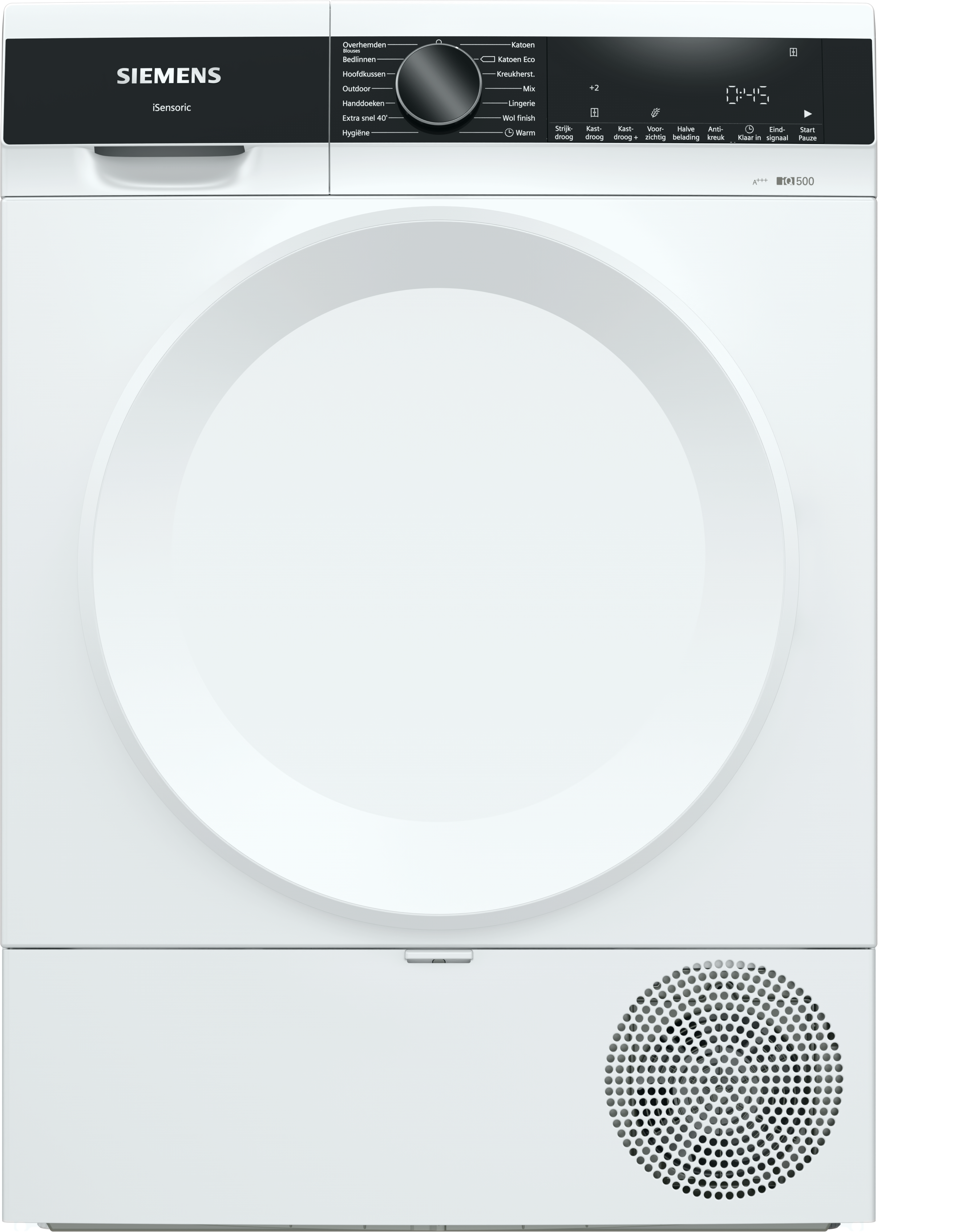 Witte Siemens droger met bedieningspaneel, grote ronde deur en onderste ventilatie. Het display toont 0:45.