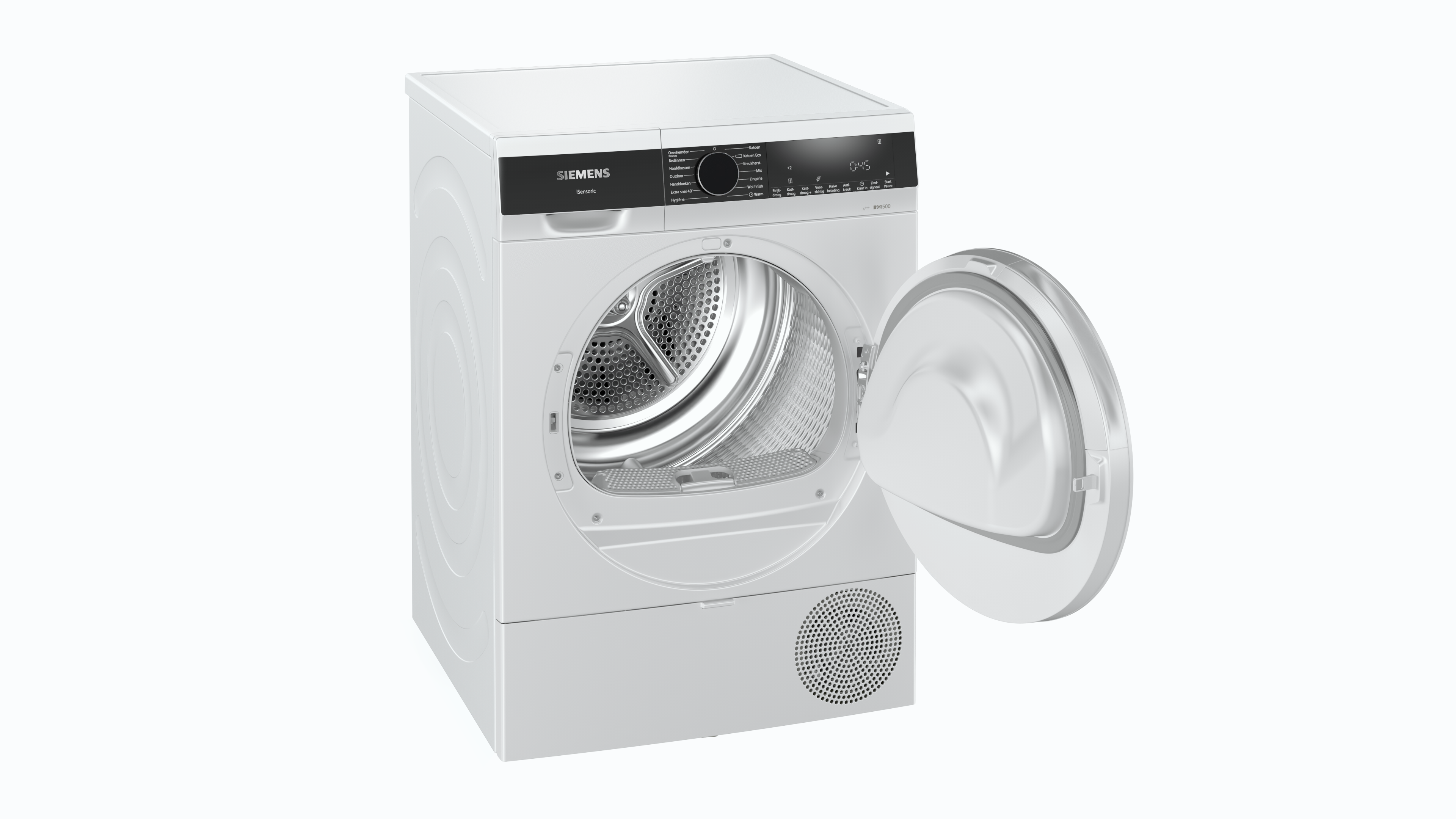 Witte wasmachine met de deur open. Blauwe achtergrond.